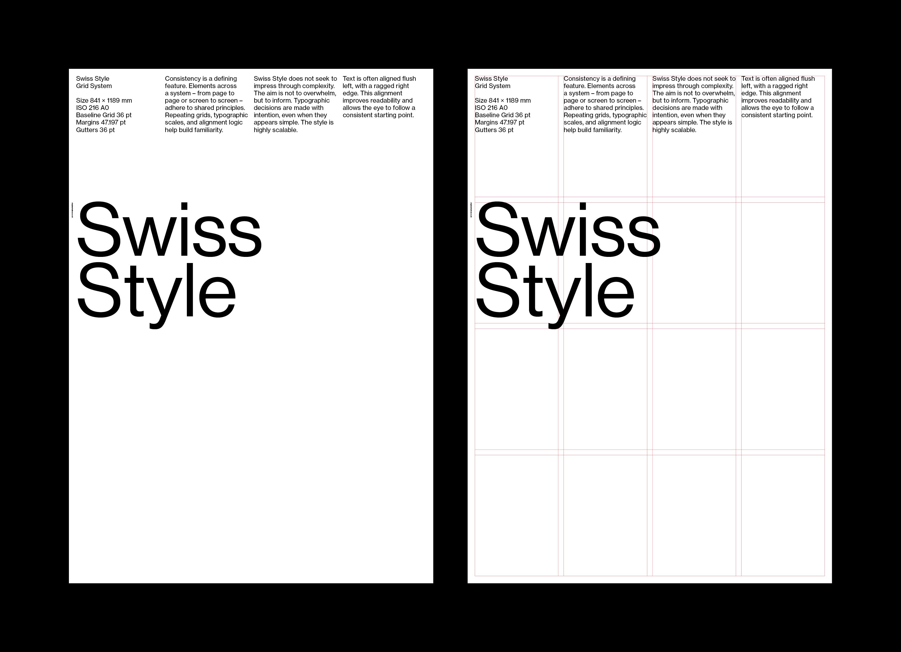Two Swiss Style posters side by side; the left features clean typographic layout principles, the right shows the same design with visible grid lines and baseline structure.