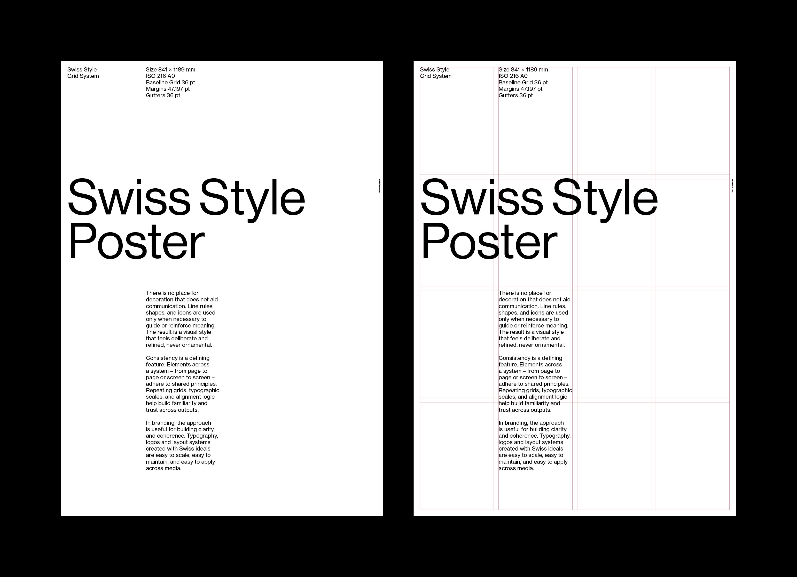 Two Swiss Style posters side by side; the left shows a clean typographic layout with heading and body text, the right displays the same design over a visible red grid system.