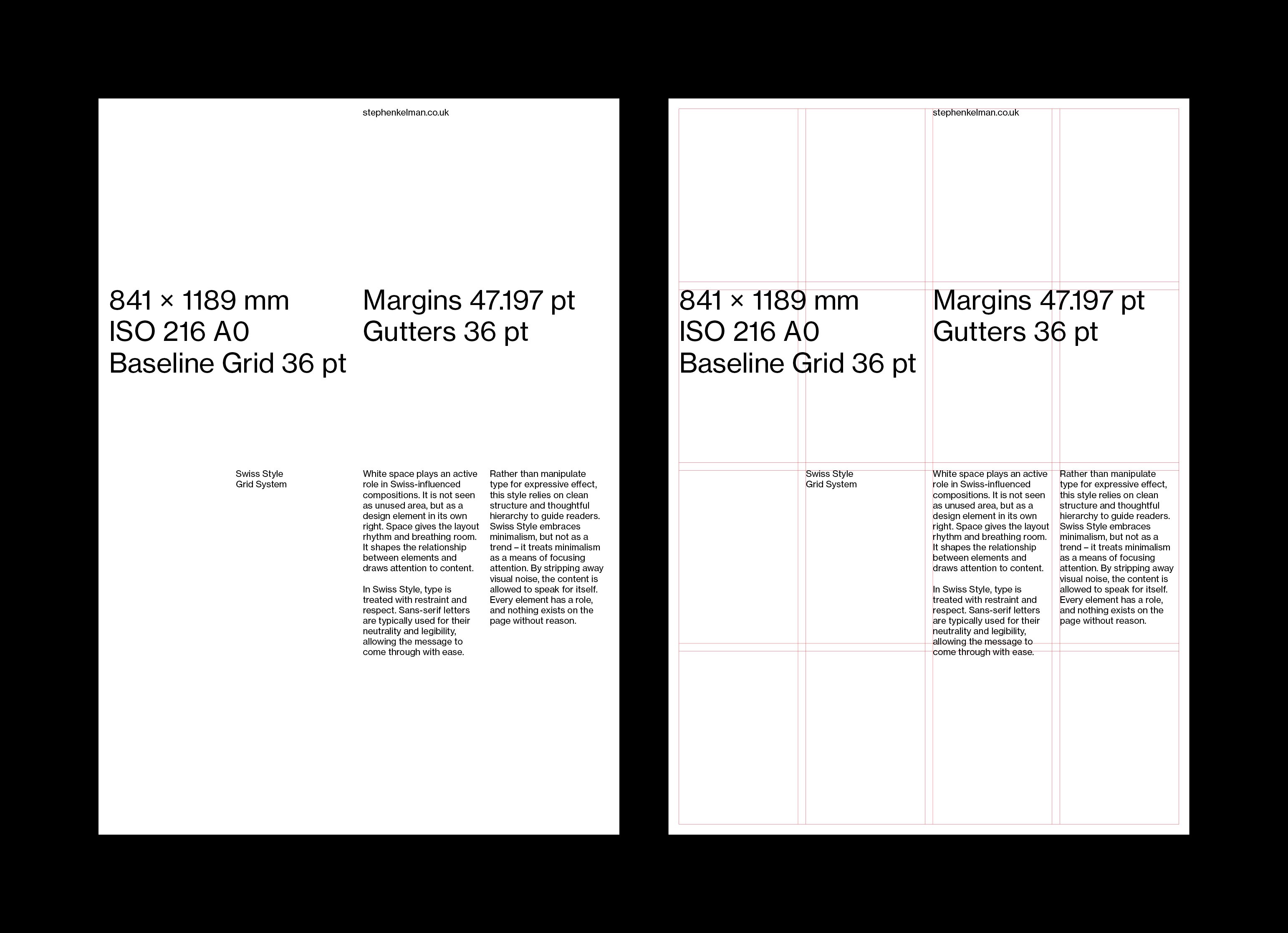 Two white Swiss Style posters; the left displays clean layout and typography specifications, the right shows the same design overlaid with a red grid system.