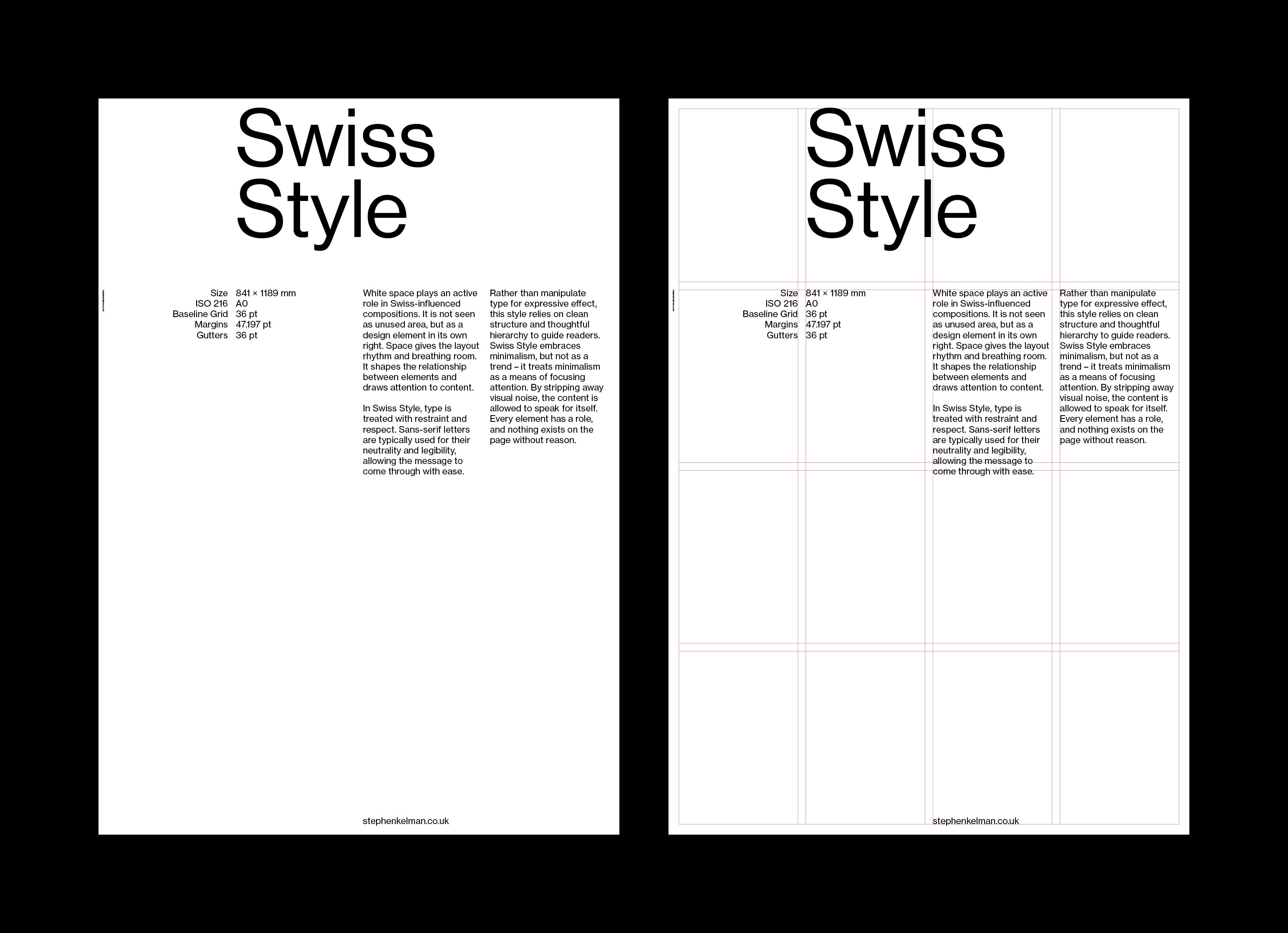 Two white Swiss Style posters side by side; the left shows a clean typographic layout, the right includes a visible red grid system overlay.