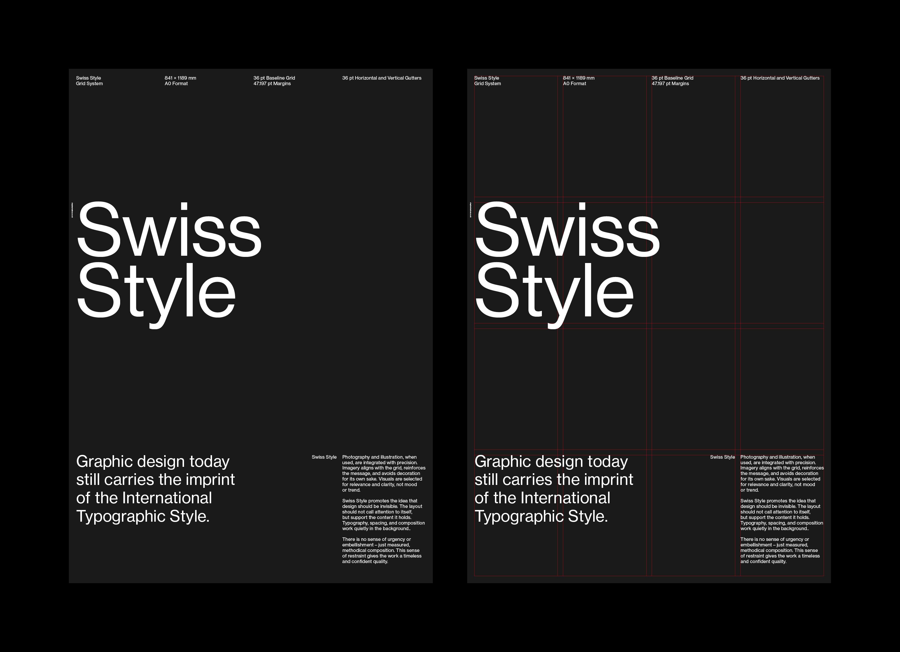 Two dark Swiss Style posters; the left features bold typography and layout information, the right shows the same design with a visible red grid overlay.