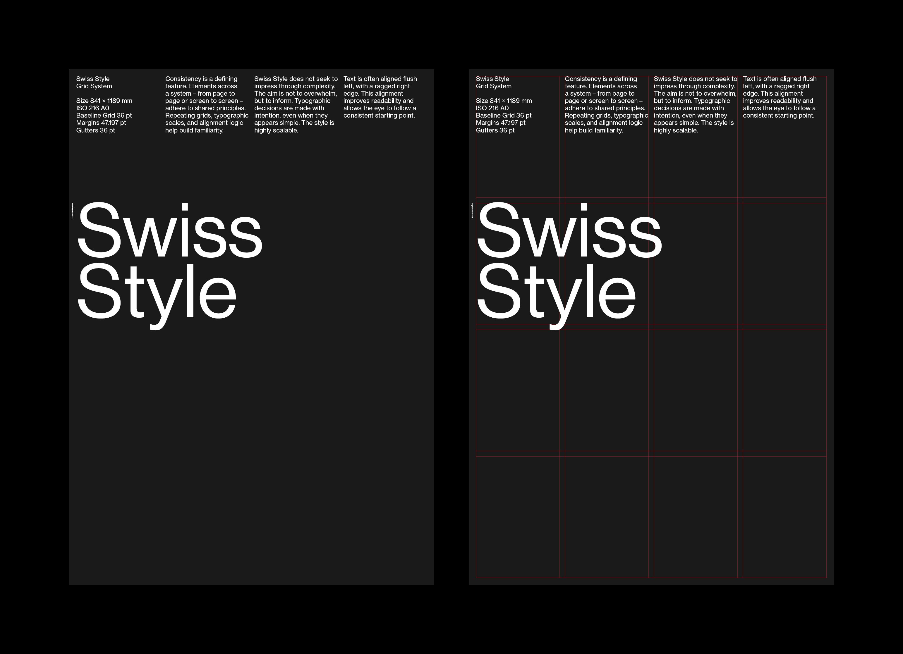 Two dark Swiss Style posters; the left features bold typography and layout details, the right shows the same design with a red grid system overlay.