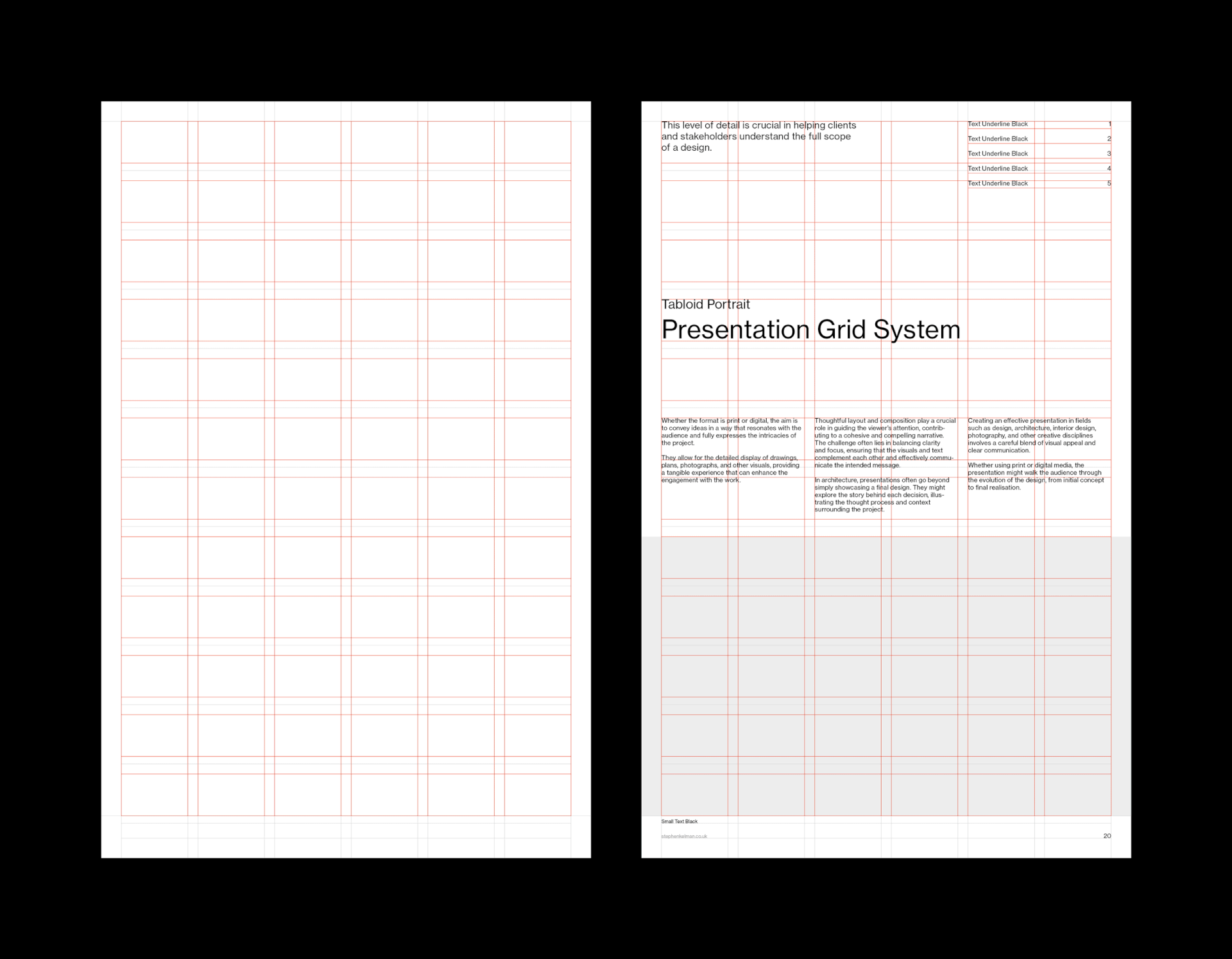 Cover of the Tabloid Portrait Presentation Grid System for InDesign, with red modular grid beside a sample title page.