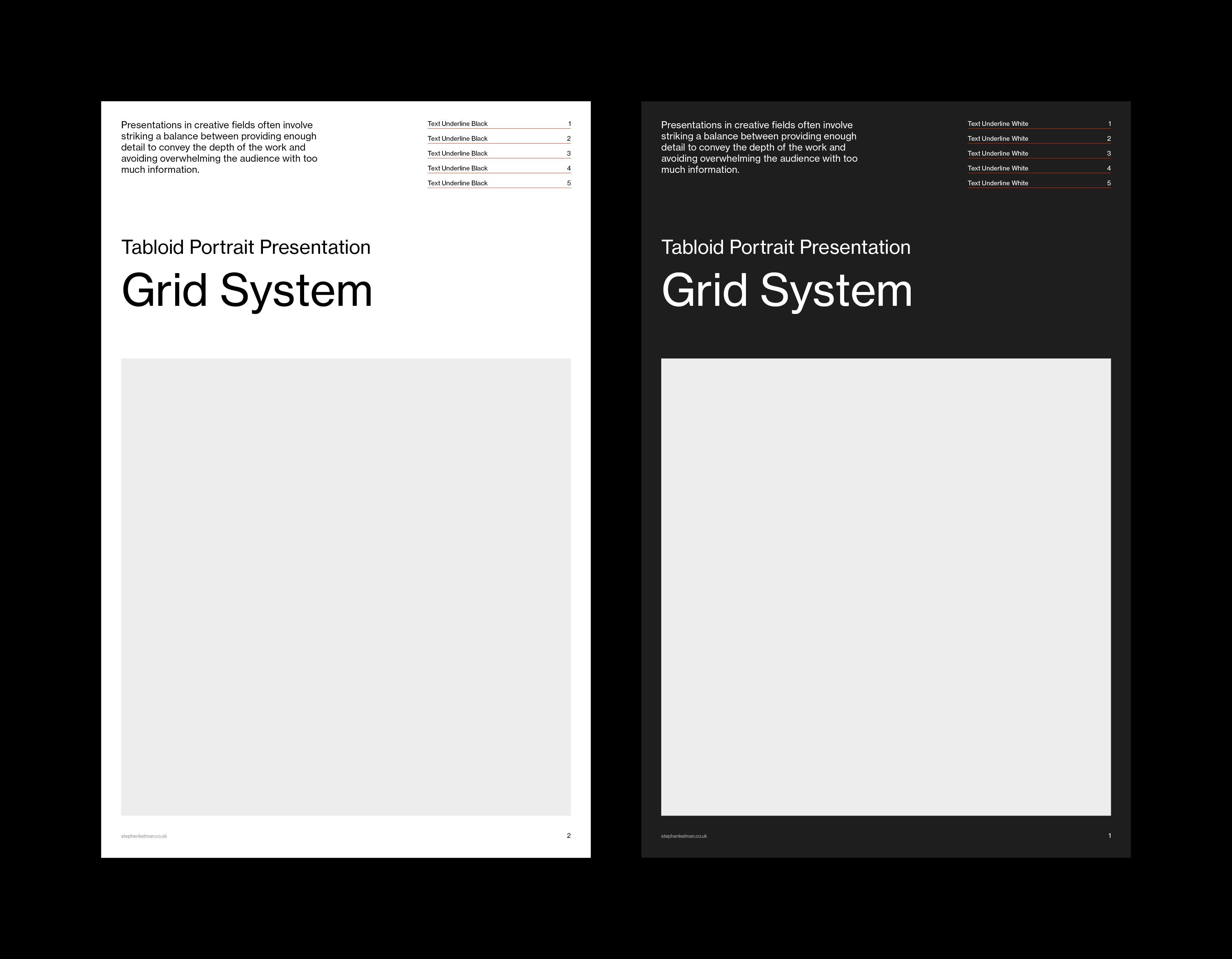 Cover layout in light and dark versions, pairing intro copy and an index with a large image placeholder.