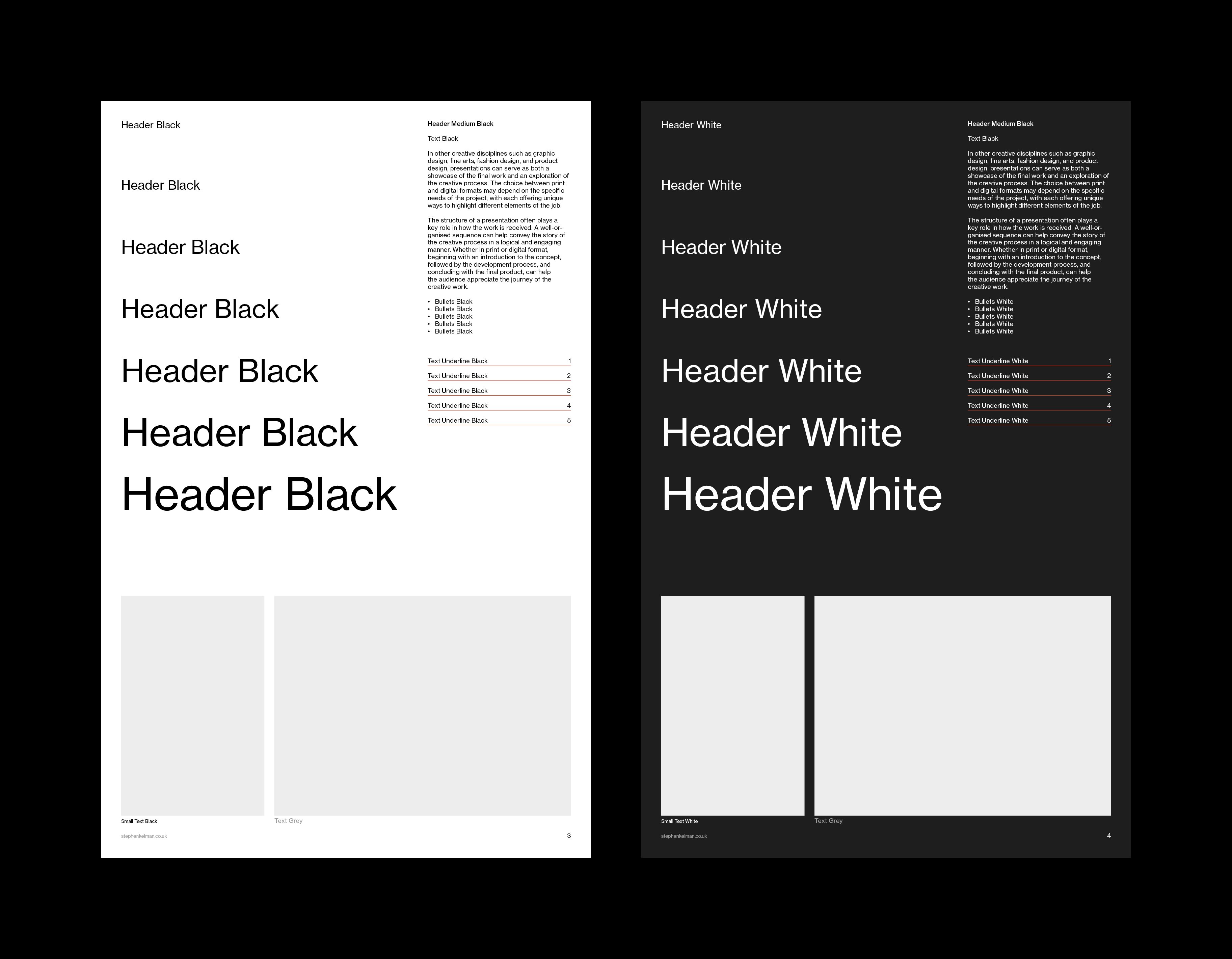 Type hierarchy ladder of headers at increasing sizes, shown on facing white and black pages.