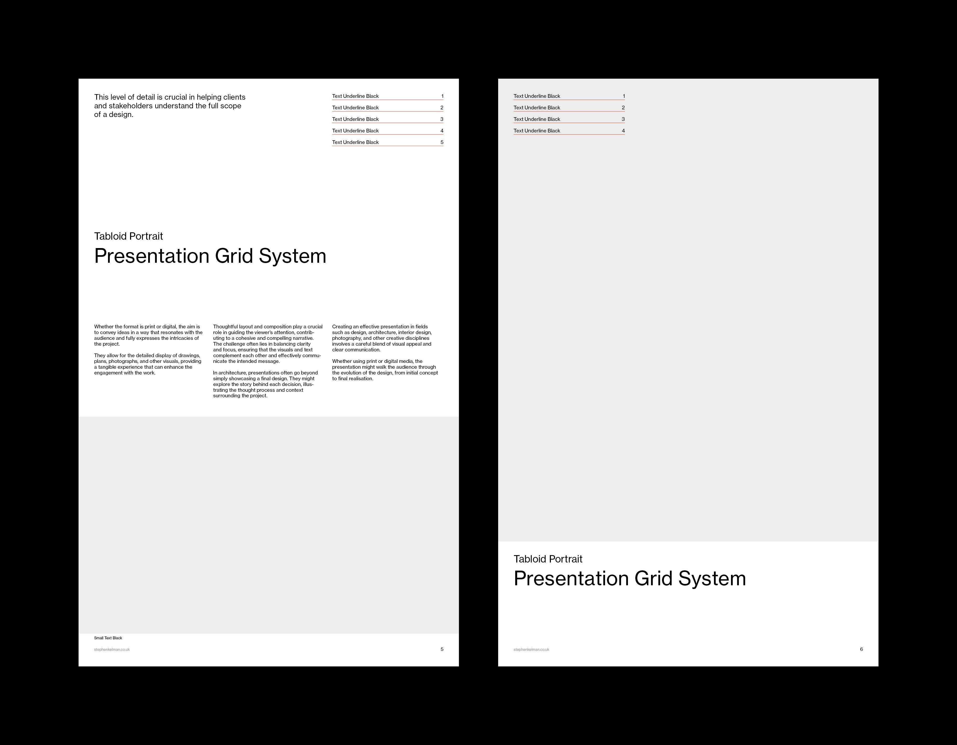 Two white sample pages placing the title and intro columns above full-width image areas at different heights.