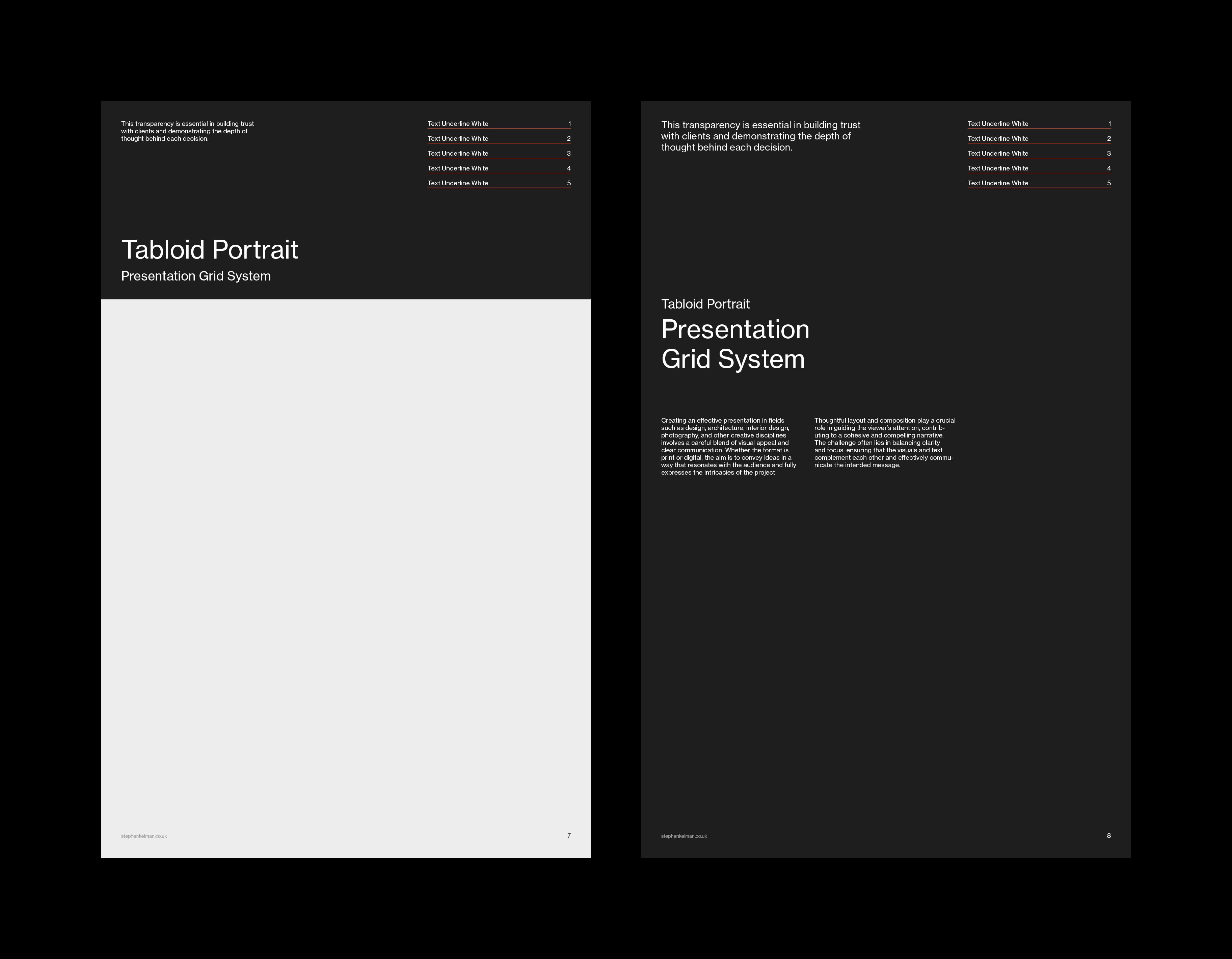 Dark sample pages: white title over a tall image placeholder beside an all-black page of running text.