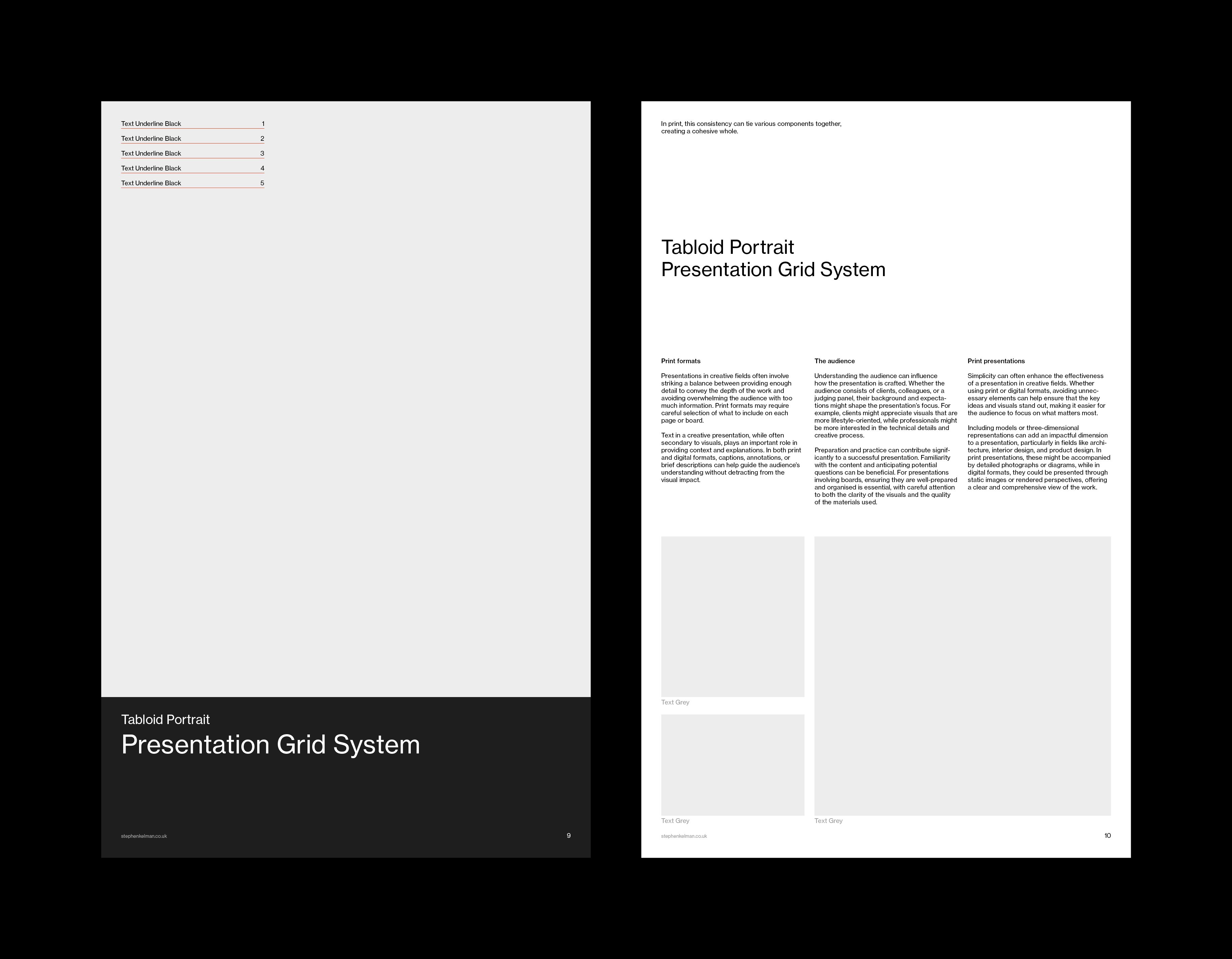 Section spread pairing a title band over a full-page image with a three-column text page and caption slots.
