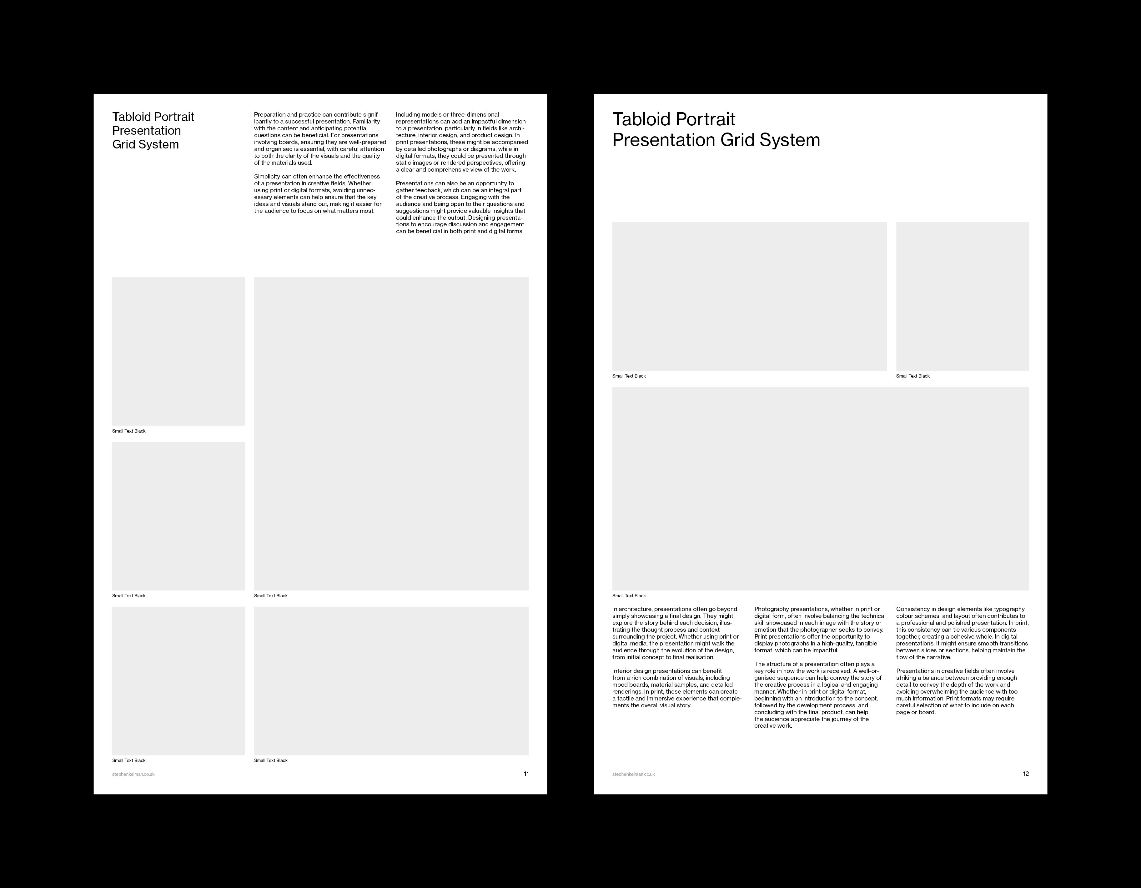 Two portrait board layouts mixing text columns with stacked image placeholders and small captions.
