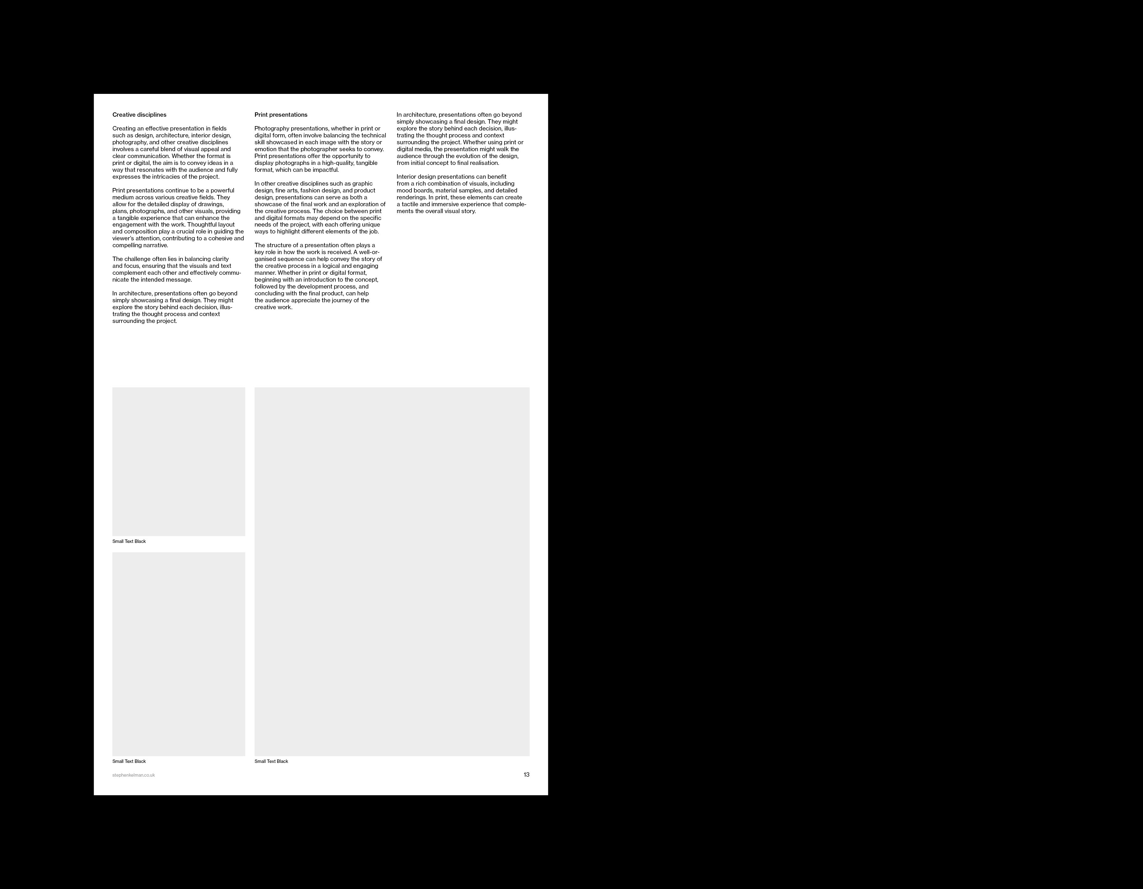 Portrait text page with labelled columns above three tall captioned image placeholders.