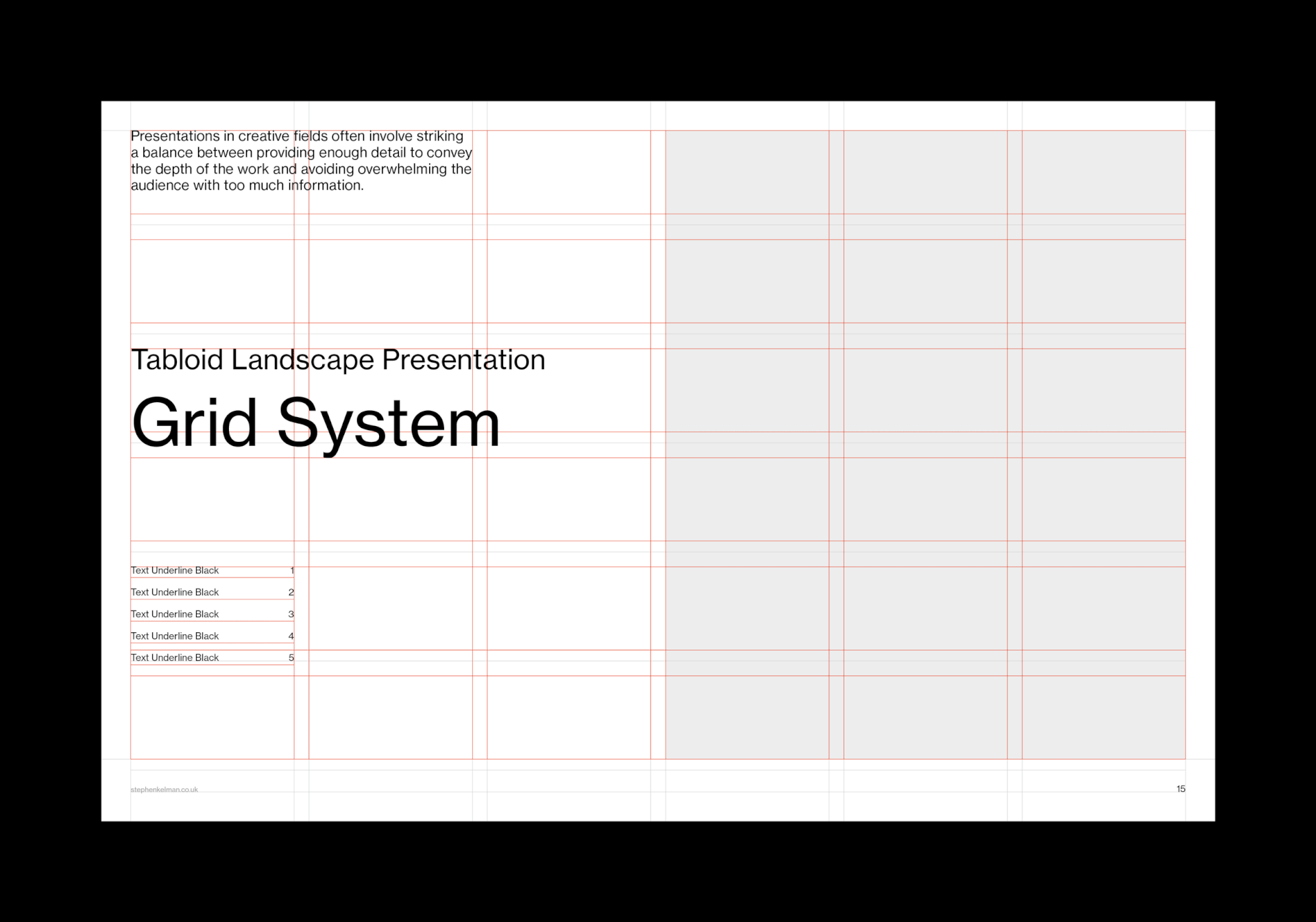 Cover of the Tabloid Presentation Grid System for InDesign 2, red modular grid overlaying the landscape title page.