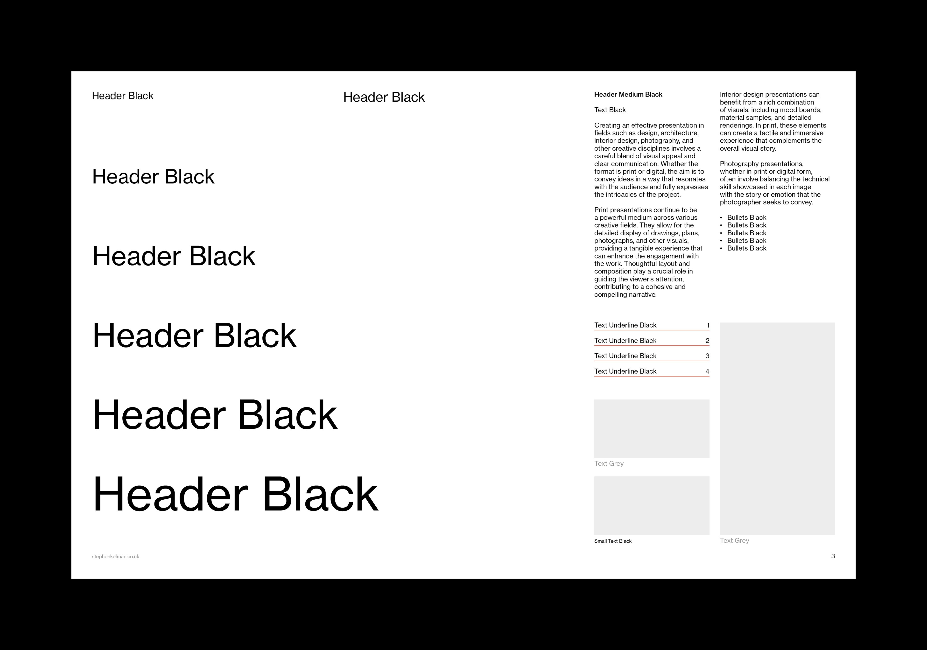 Header Black type hierarchy ladder with body columns, bullet styles and caption placeholders on white.