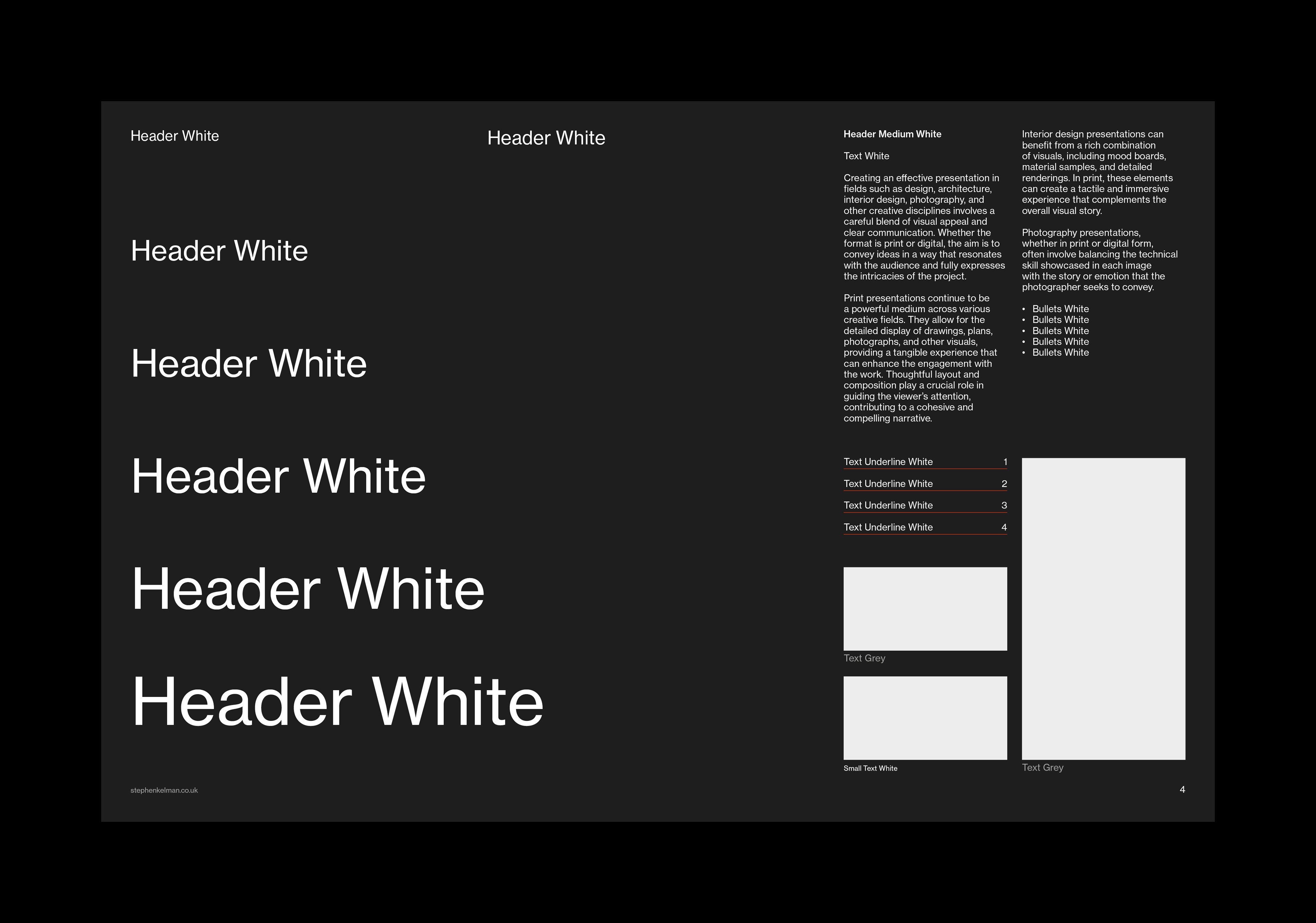 Header White type hierarchy ladder on the black version of the same layout.