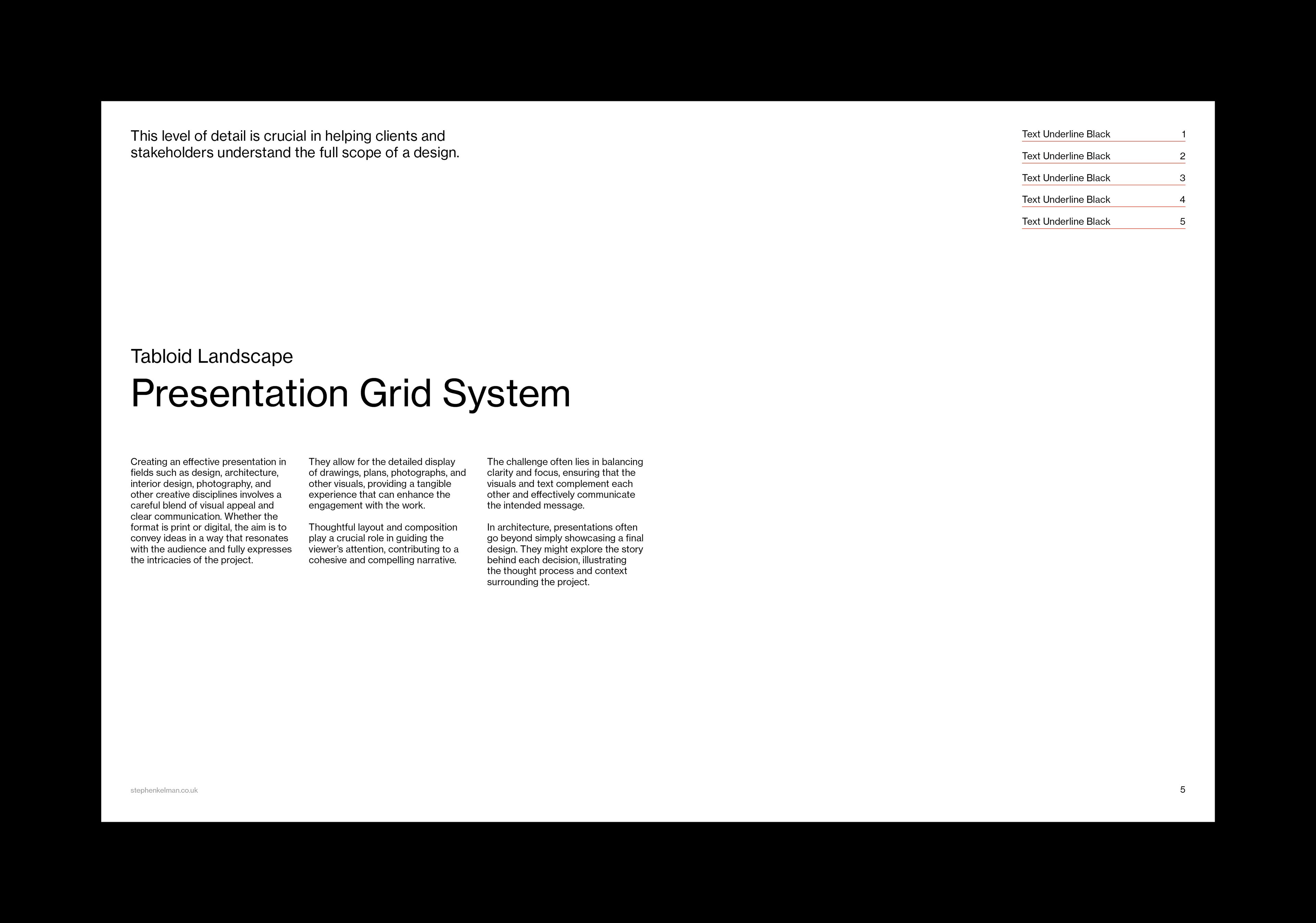 White section divider: title with three narrow text columns below and a ruled index top right.