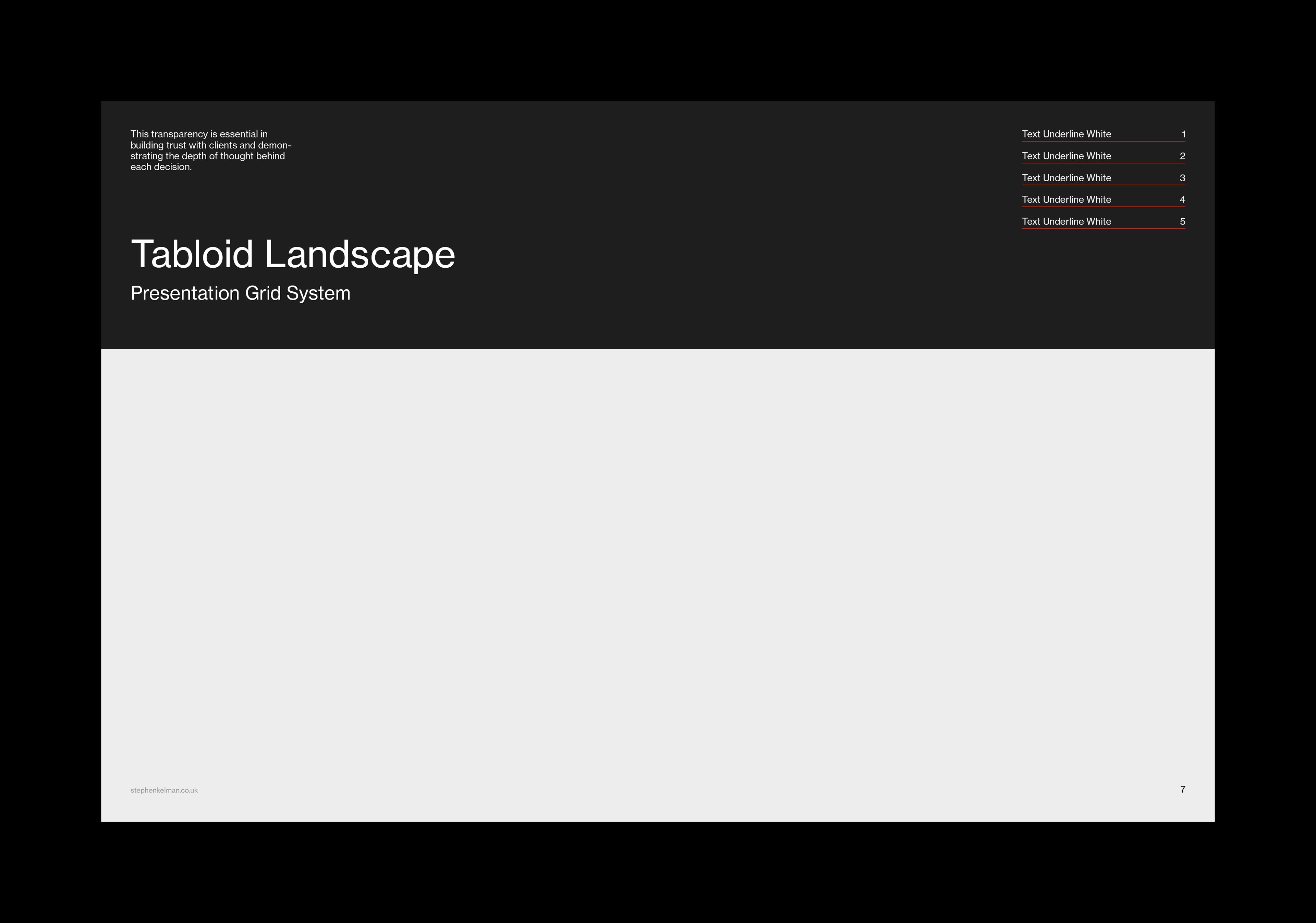 Dark title page: Tabloid Landscape heading in white above a full-width light image area.