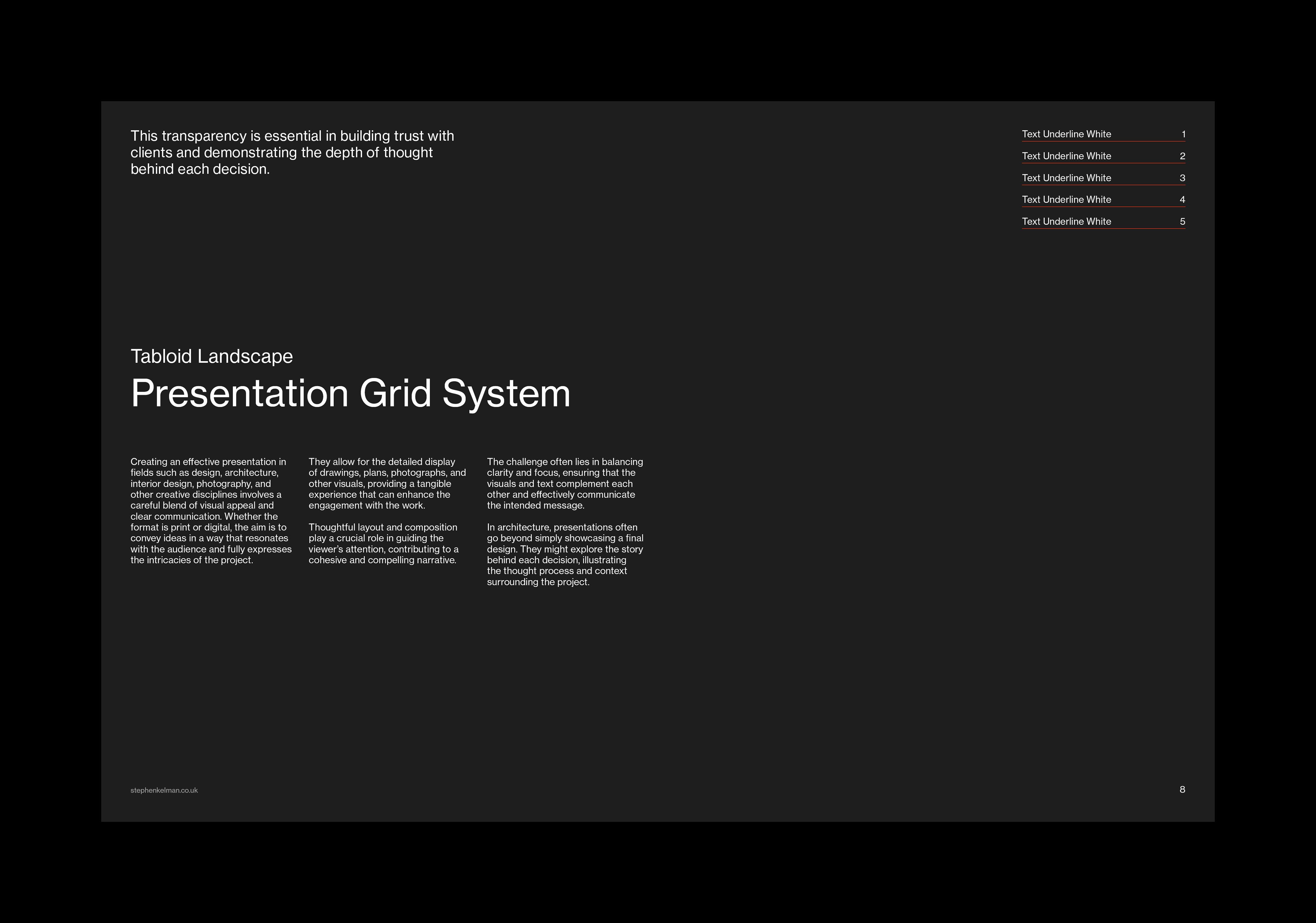 All-black spread carrying the title over three columns of running text.
