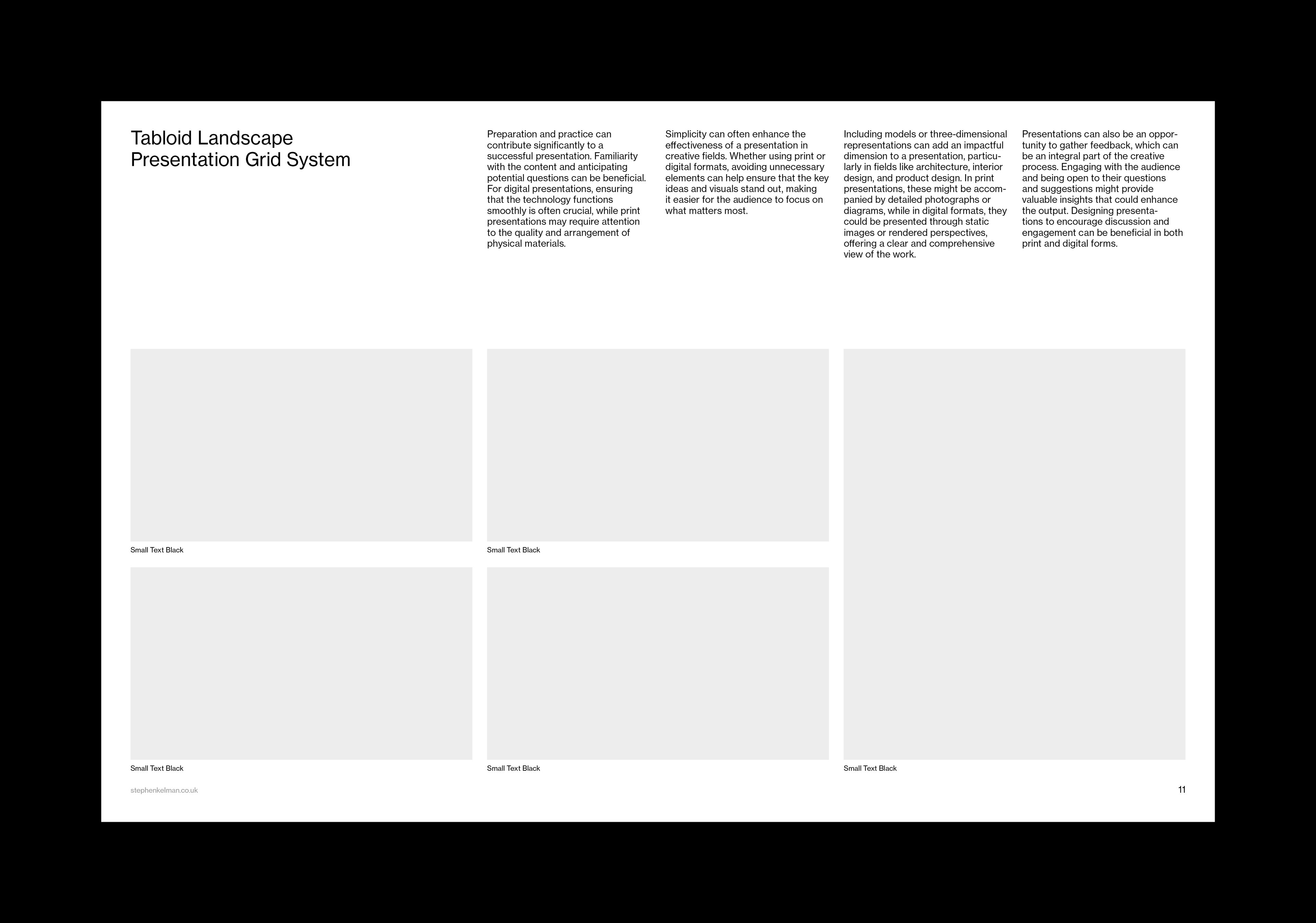 Sample layout with running text columns above a six-image caption grid across the page.