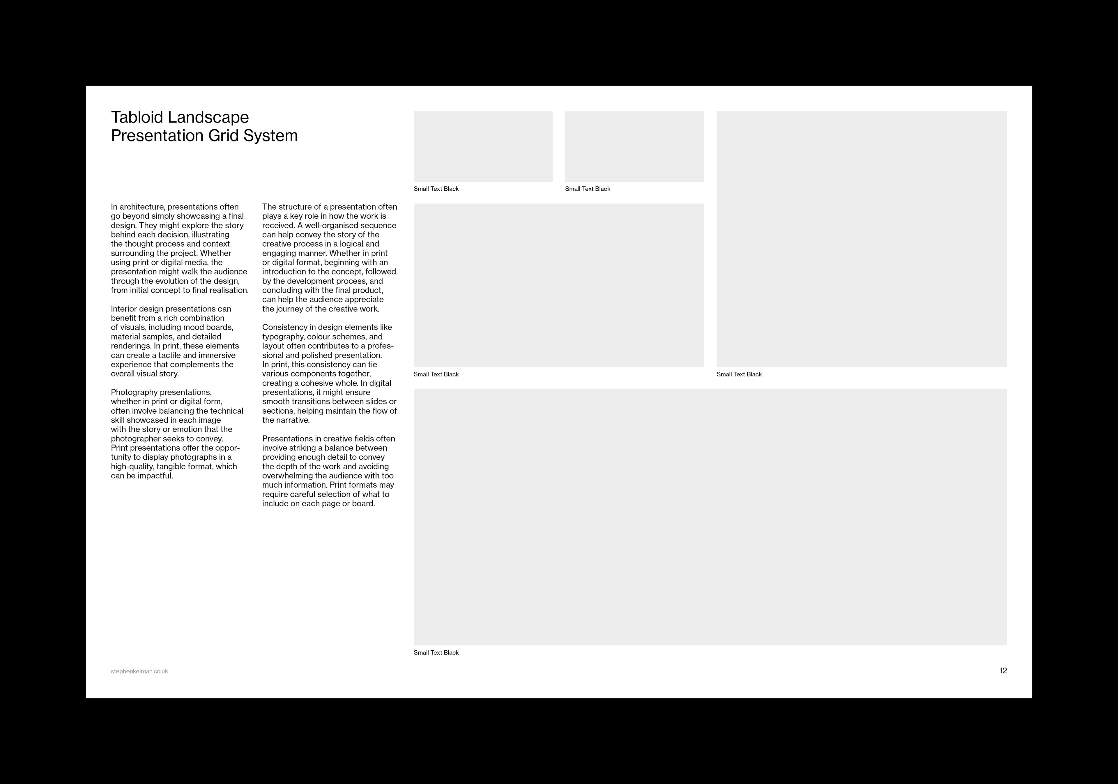 Layout balancing a left-hand text column against a band of mixed-size image placeholders.