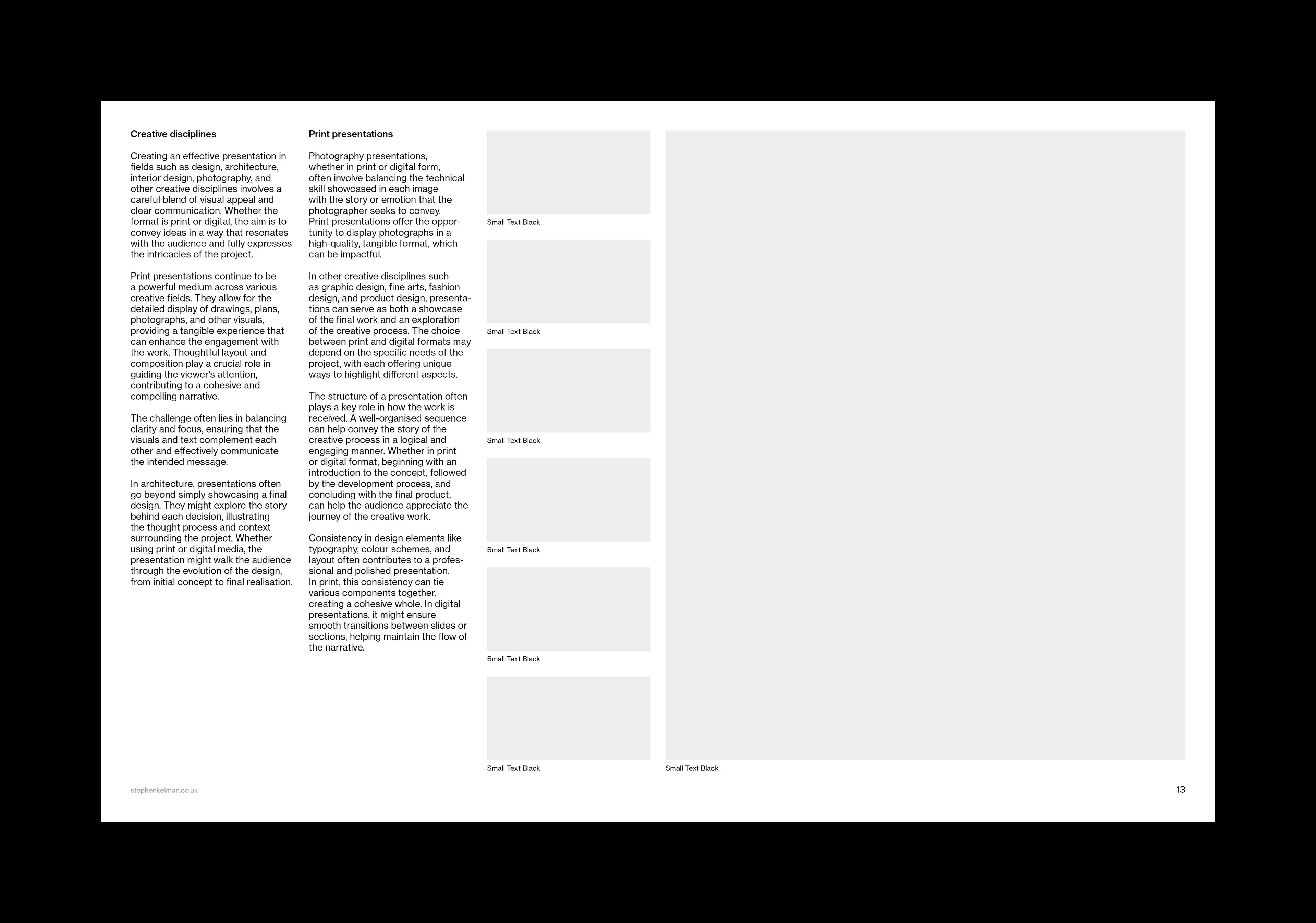 Two labelled text columns beside a stacked rail of small captioned image placeholders.