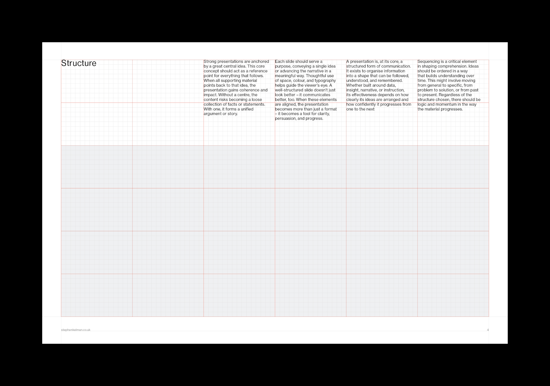 Structure spread of the Tabloid Presentation Grid System for InDesign, red baseline grid under five text columns.