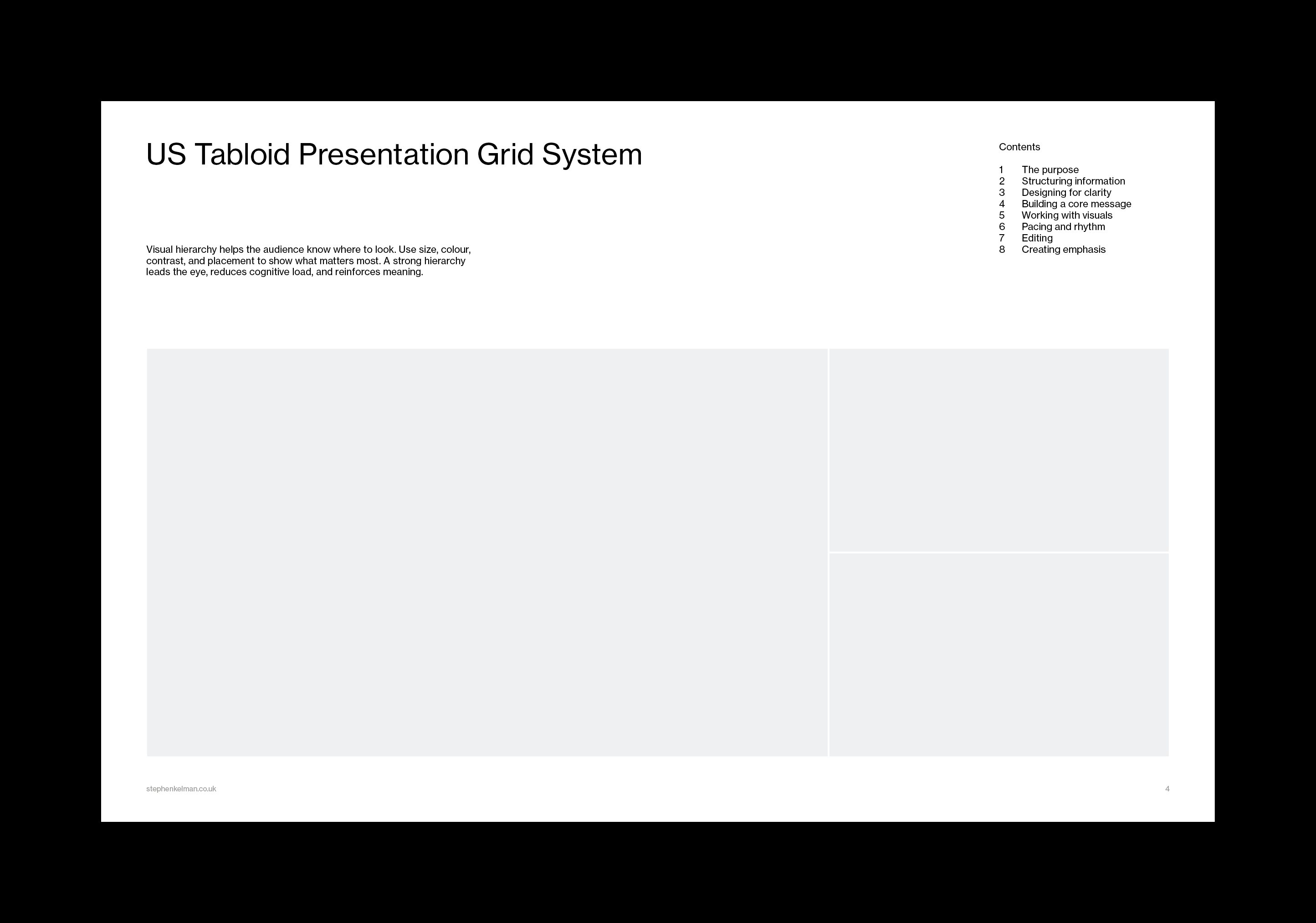 White layout pairing title, note on visual hierarchy and contents with two large image placeholders.