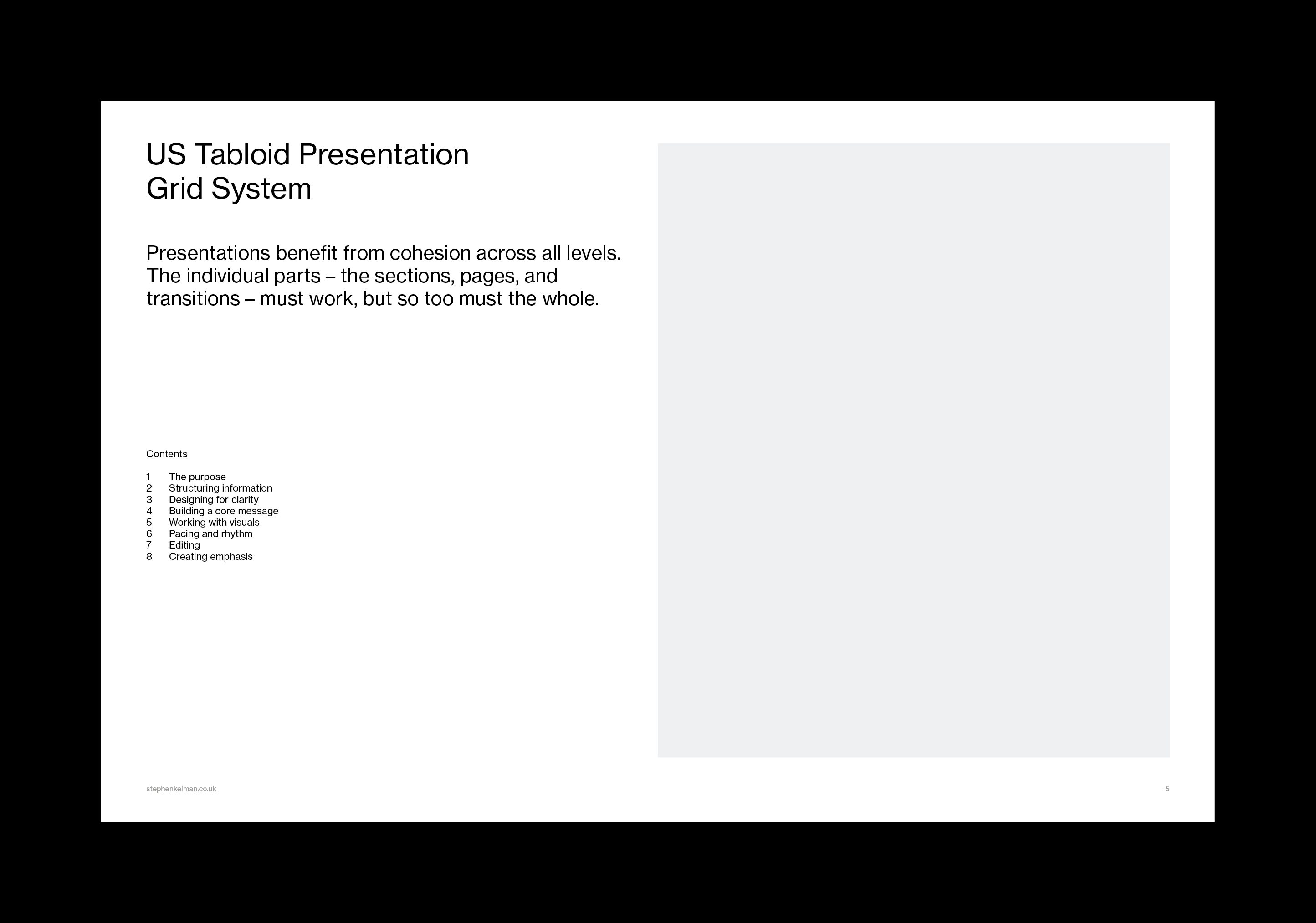 White page with a statement on cohesion and contents list beside a tall image placeholder.