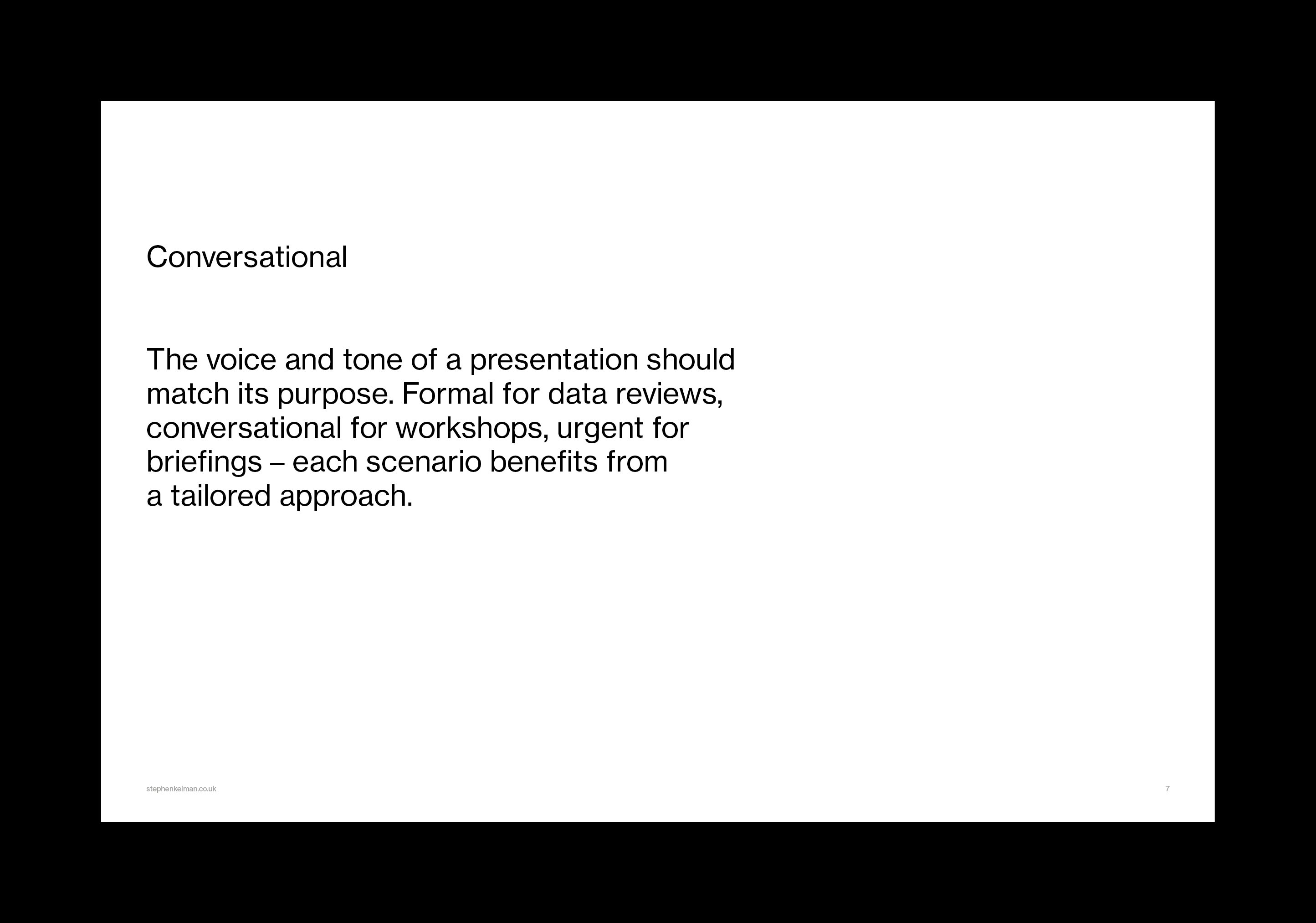 Statement page headed Conversational, a single paragraph on matching voice and tone to purpose.