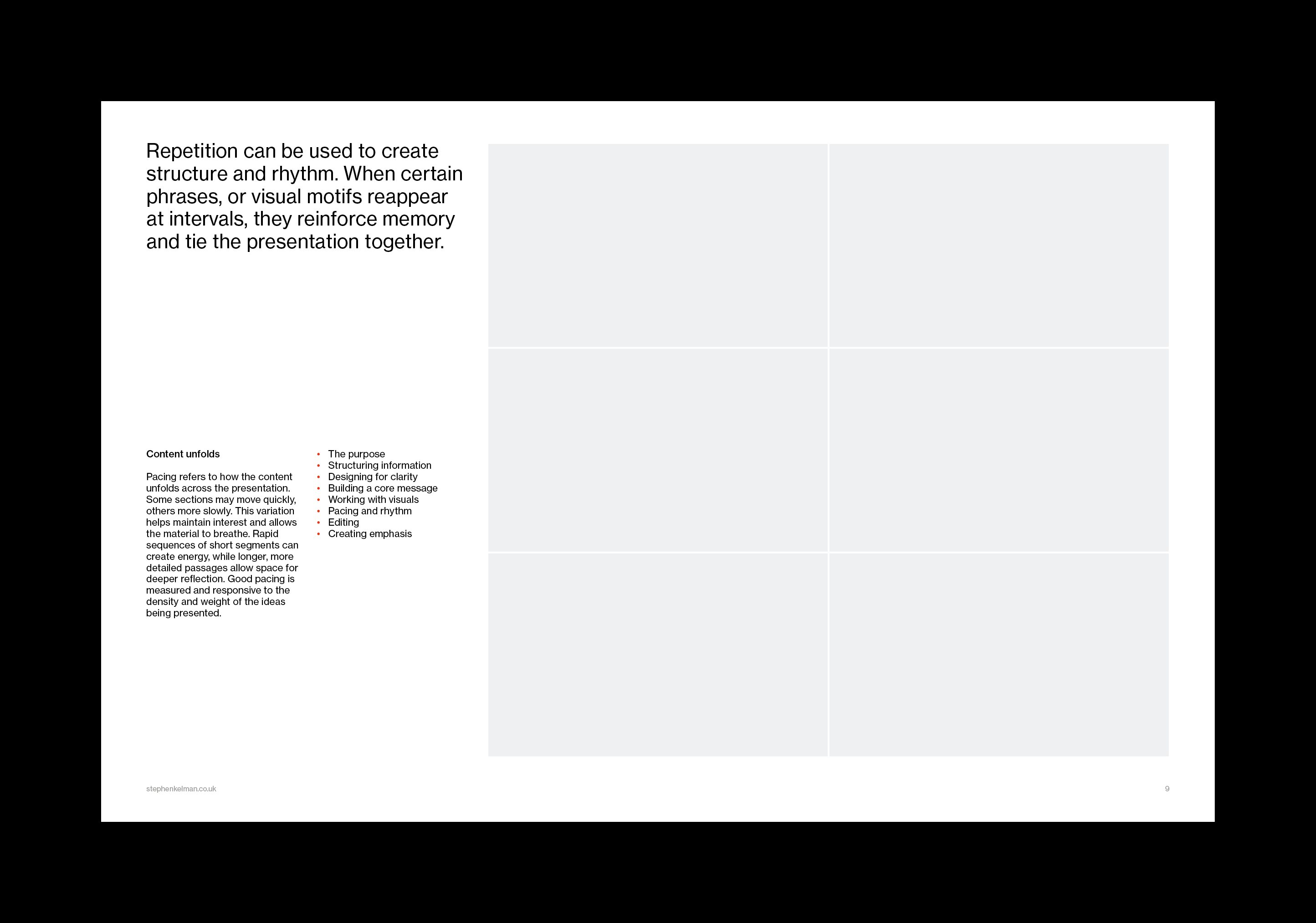 Statement on repetition and rhythm beside a six-panel image grid on white.