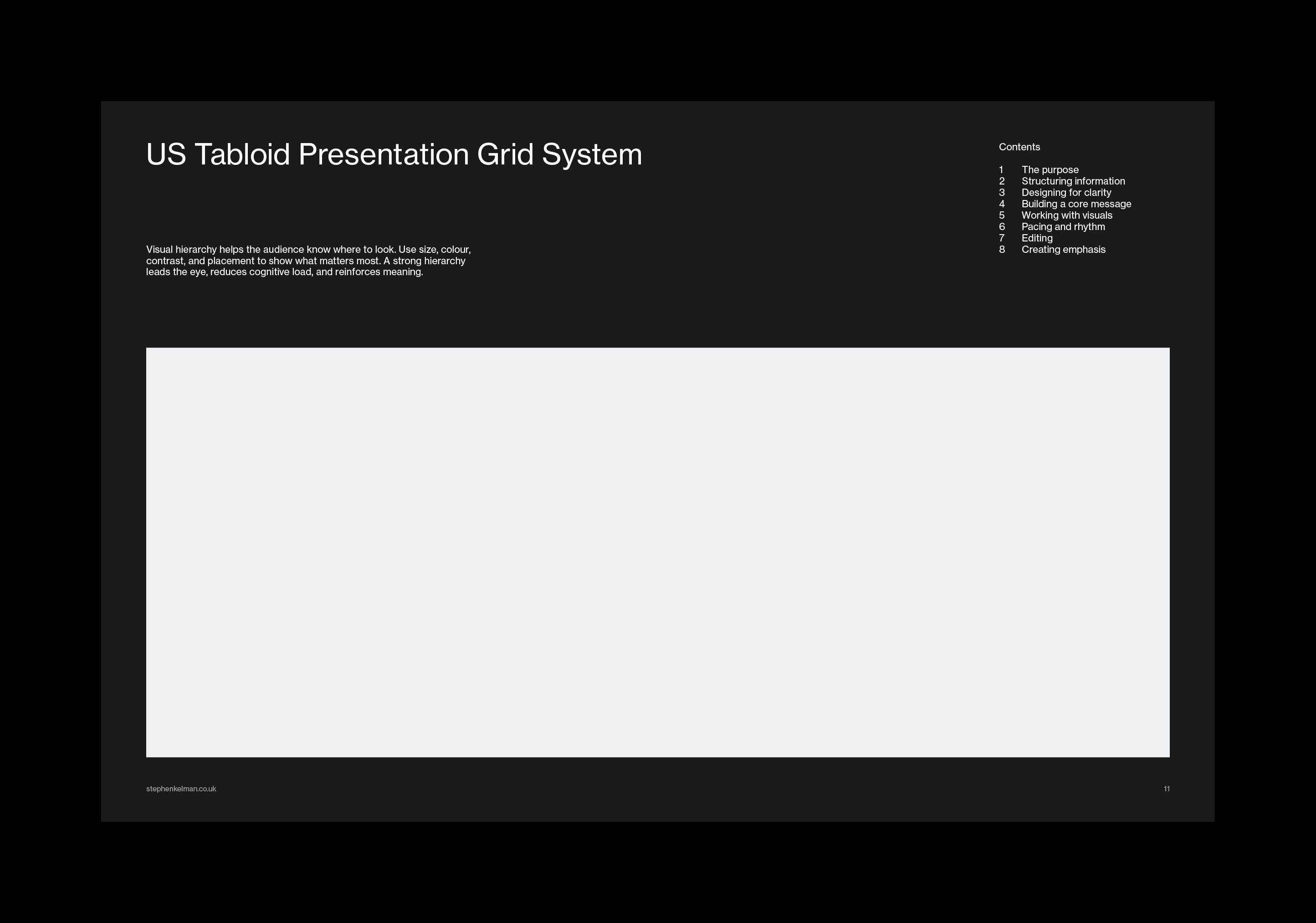 Dark layout with title, hierarchy note and contents above a wide image placeholder.