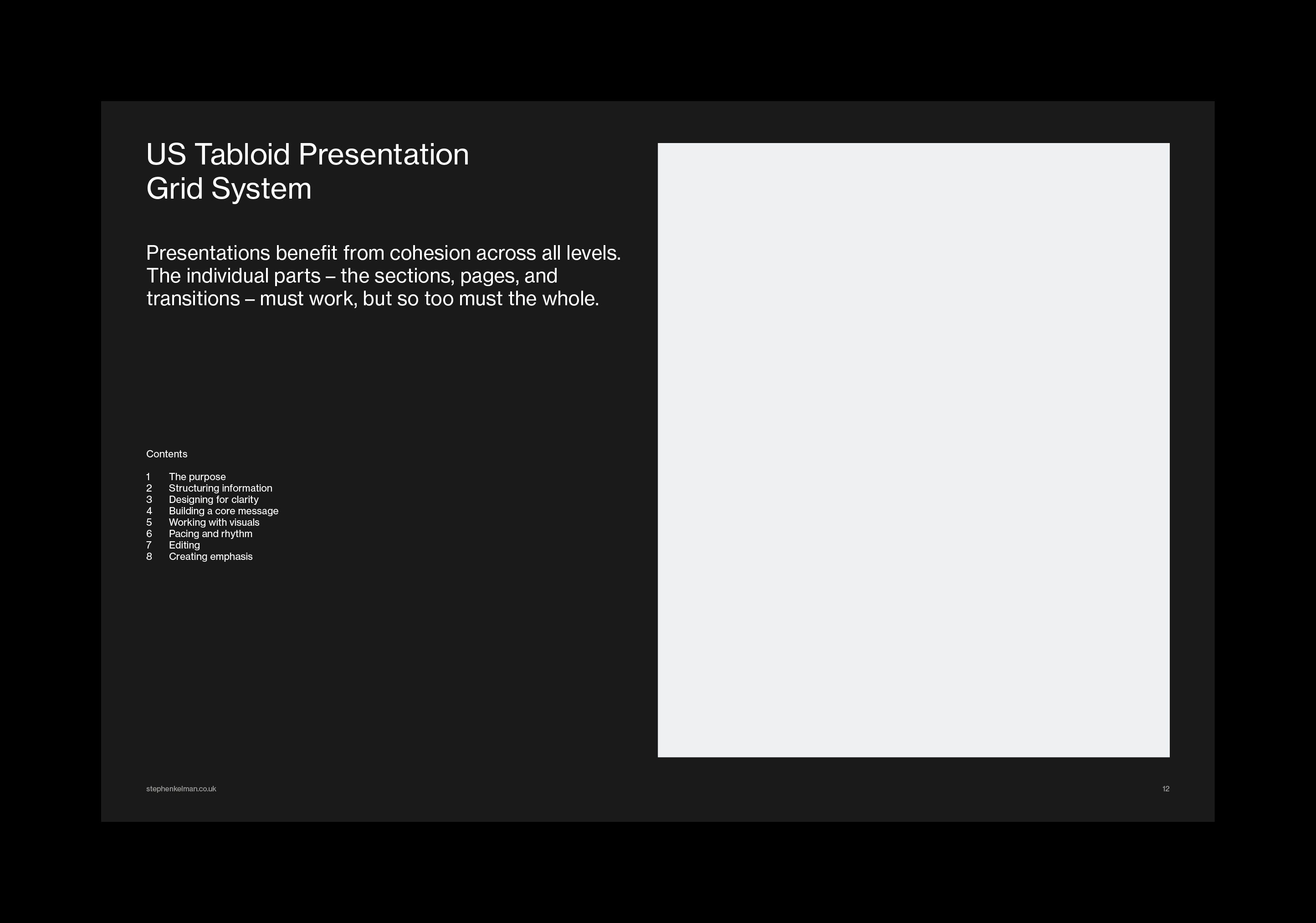 Dark page setting the cohesion statement and contents against a tall white image area.