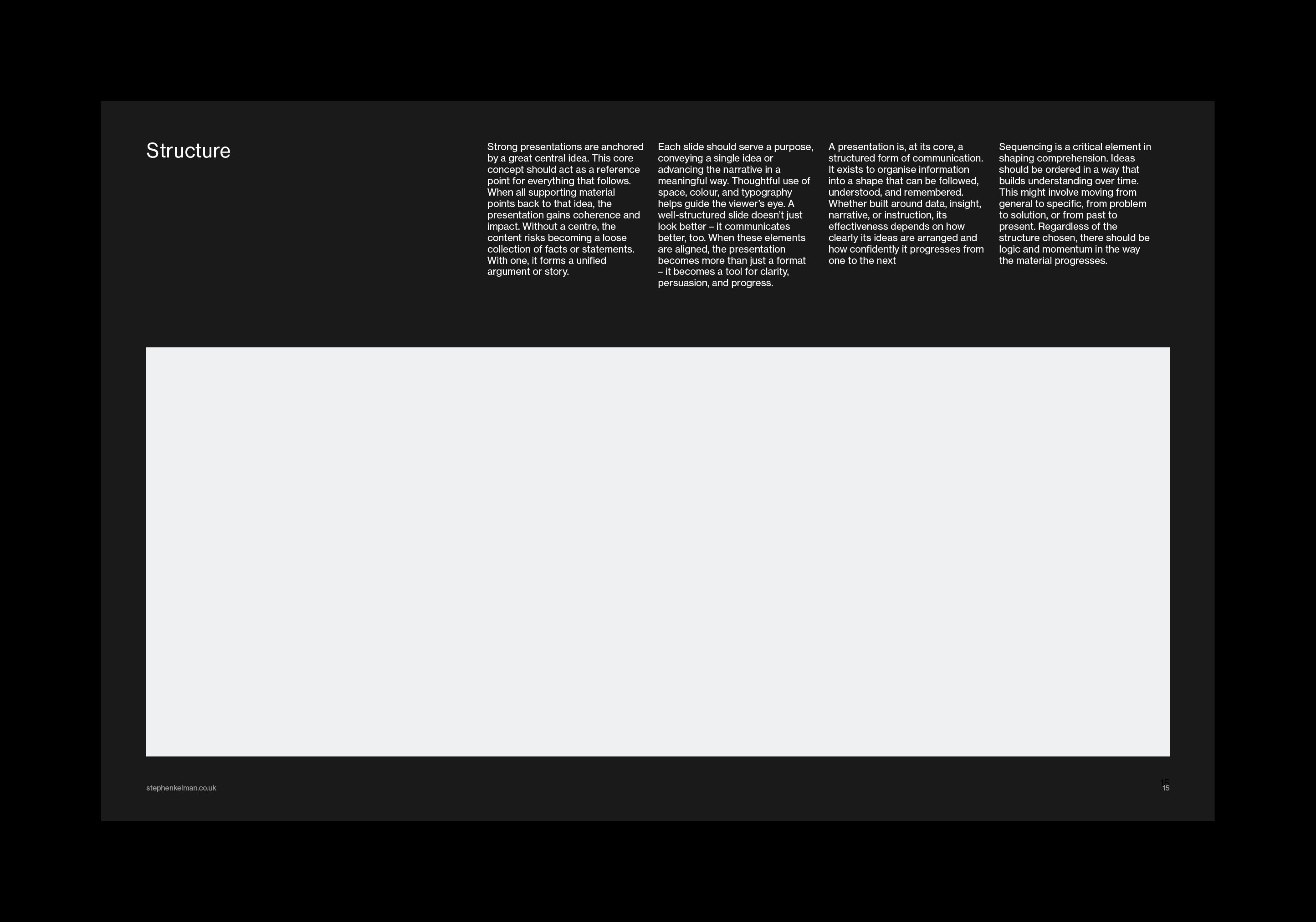 Dark Structure page: four text columns over a wide image placeholder on black.