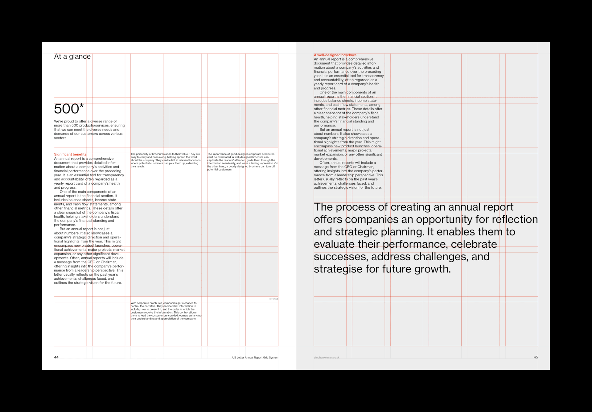 Animated gif showing layouts and modular grid for a US letter format annual report template for Adobe InDesign
