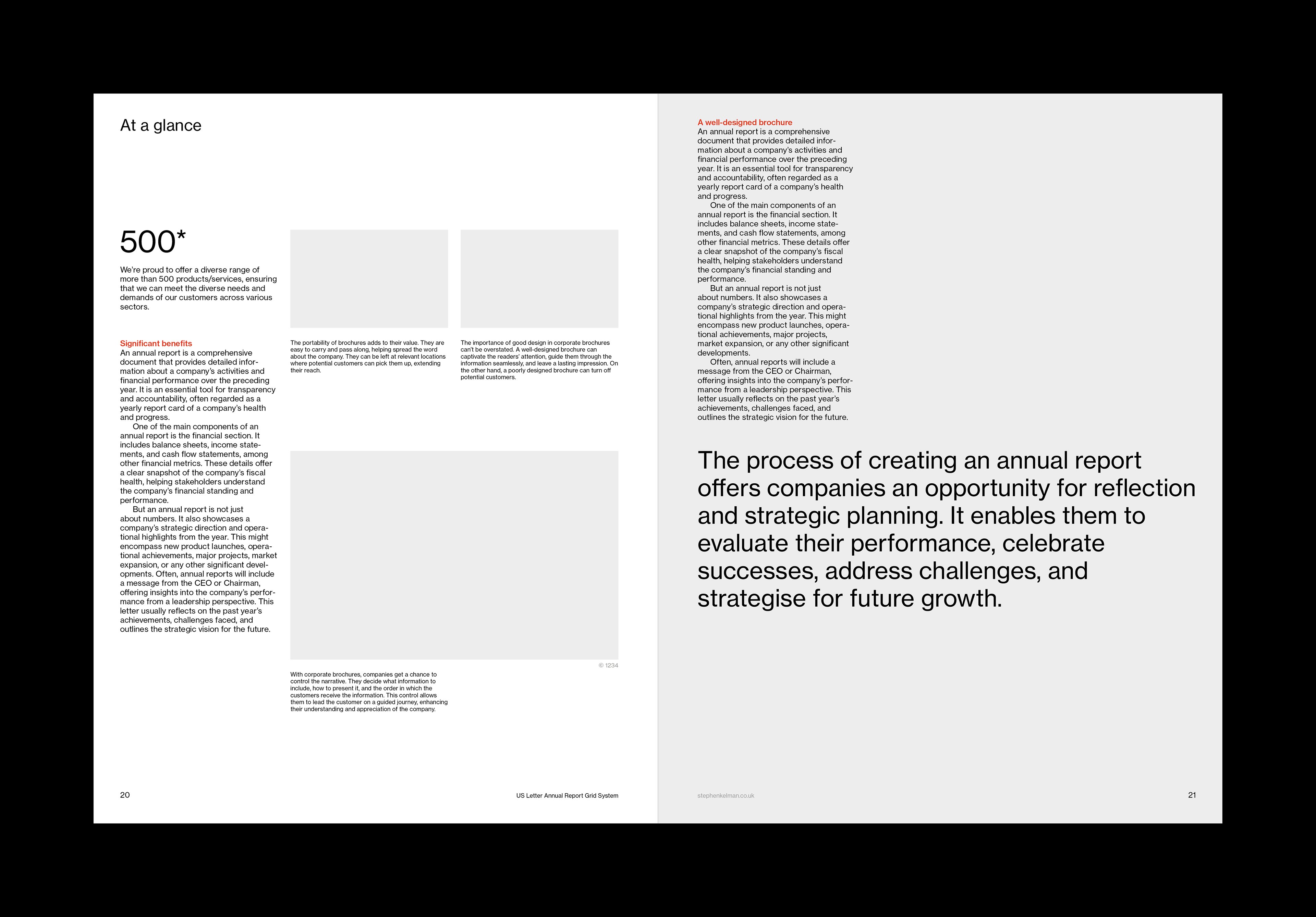 Spread design for InDesign annual report template. The typography is asymmetric and in Swiss style.