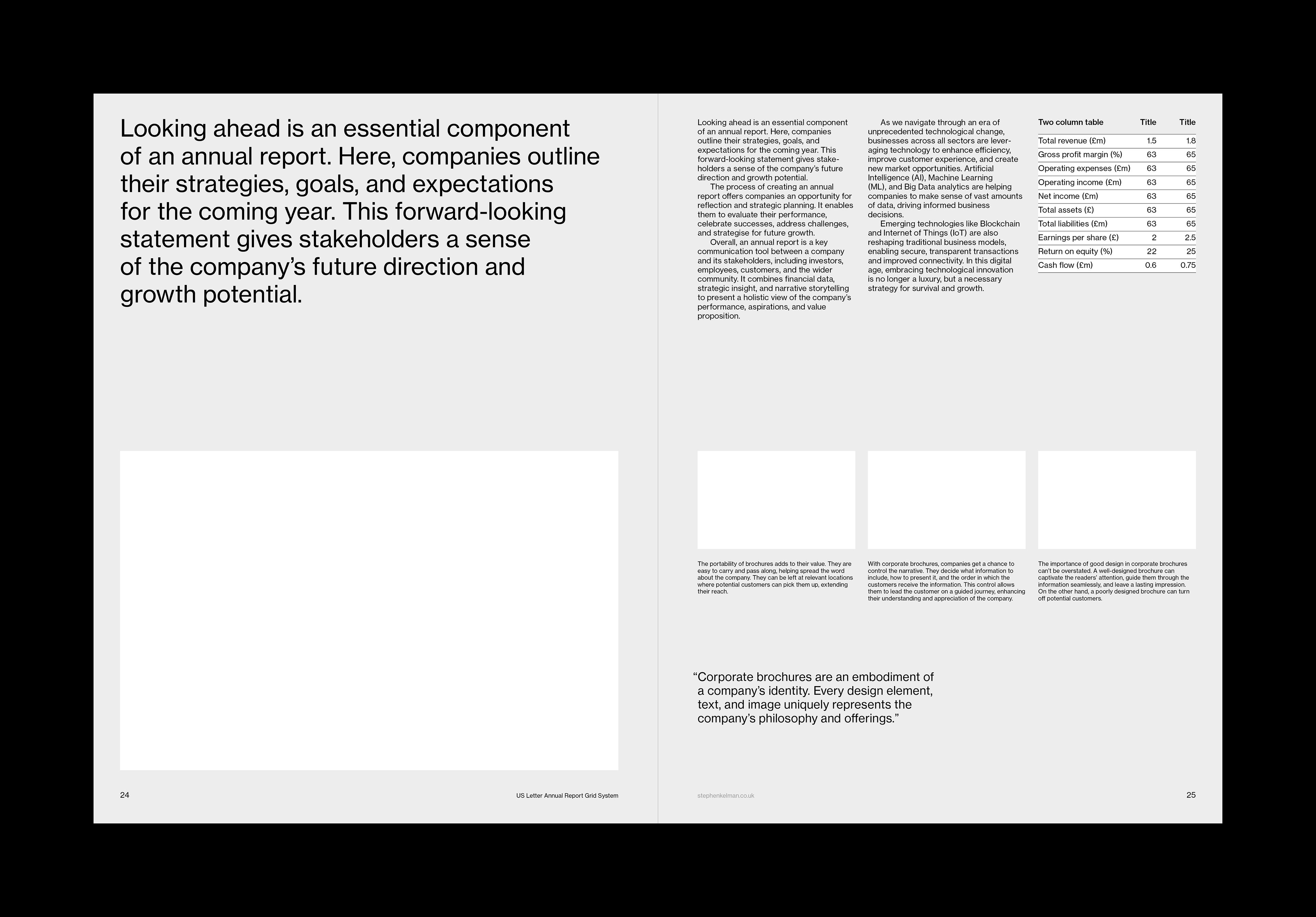 Spread design for a US letter format brochure. This example shows a mix of tables, text and images on light backgrounds