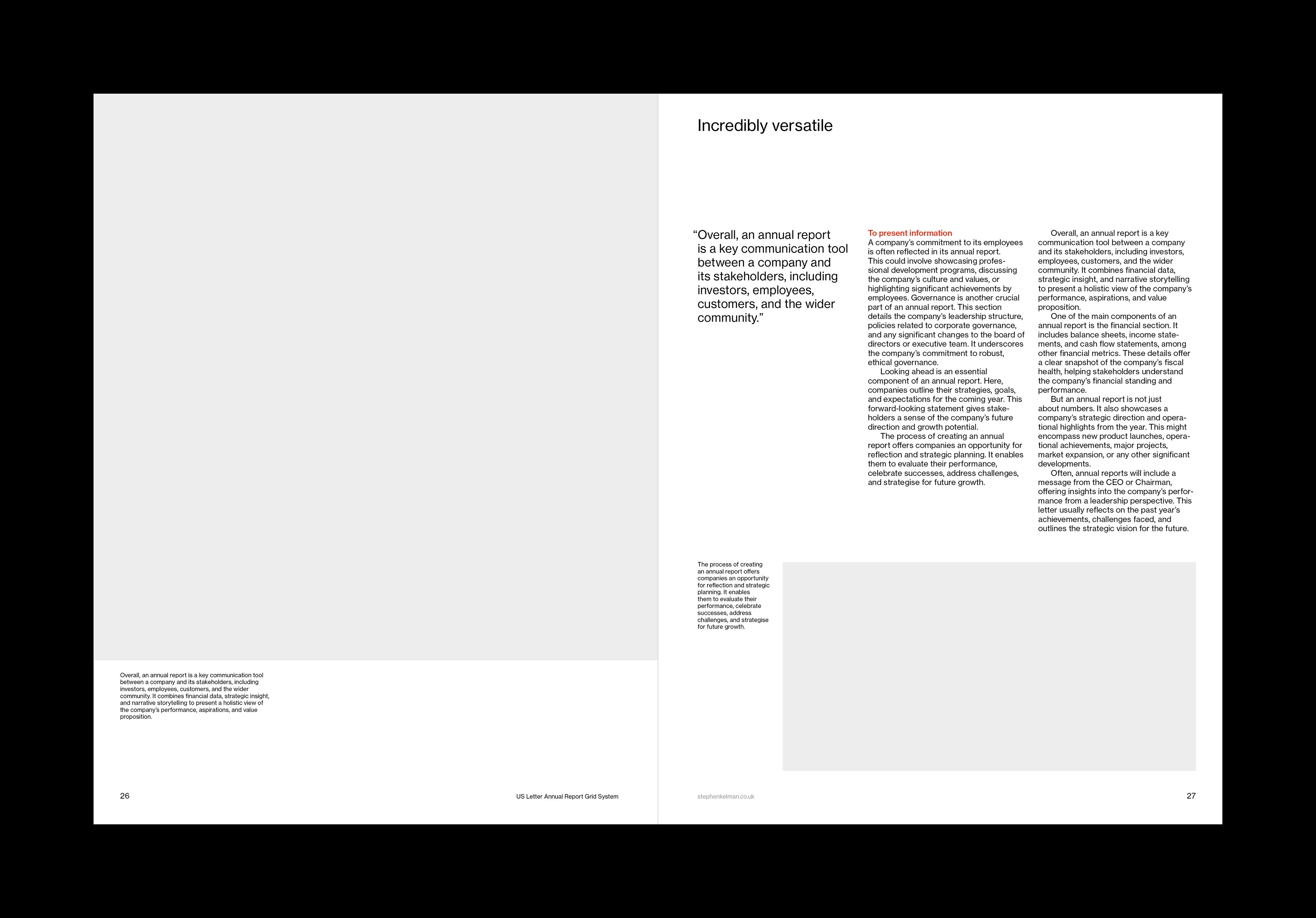 Brochure spread design in a minimal Swiss style. This example includes images at different sizes and around ten paragraphs of text
