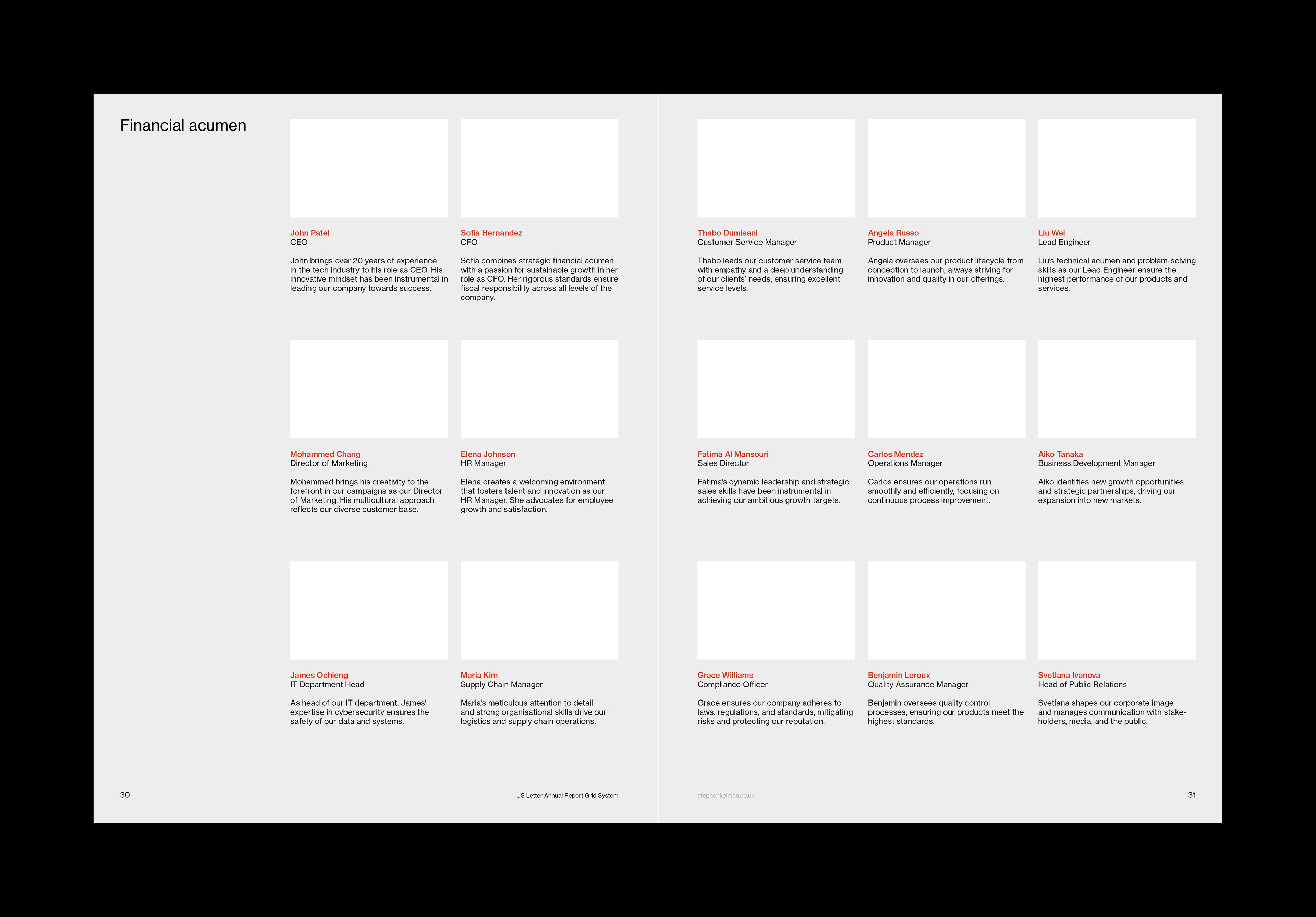 Brochure layout for a key staff page of an annual report
