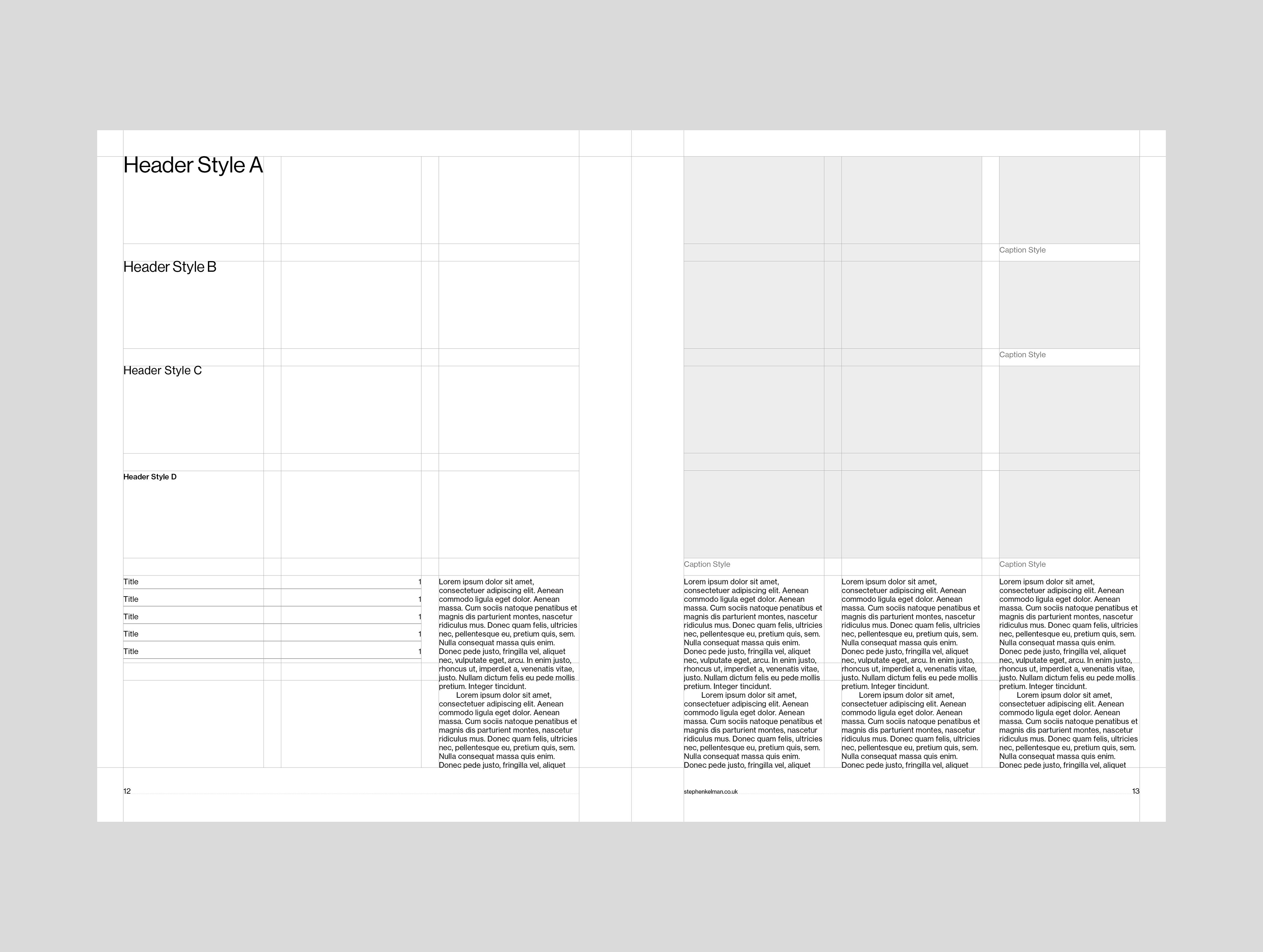 Header style ladder beside dense three-column sample text with caption boxes, grid guides visible.