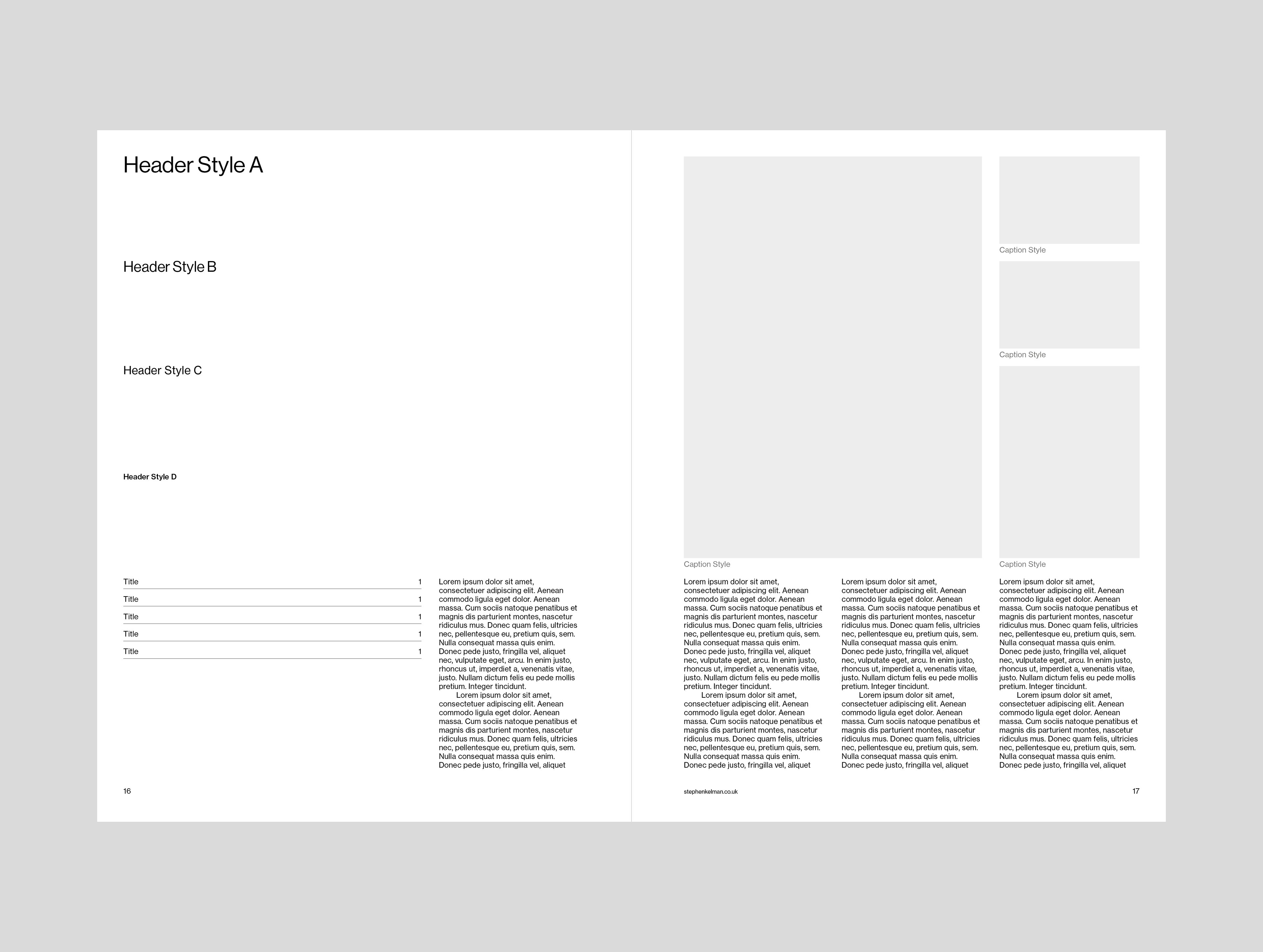 Finished sample spread: heading hierarchy on the left page, three-column text and image placeholders right.