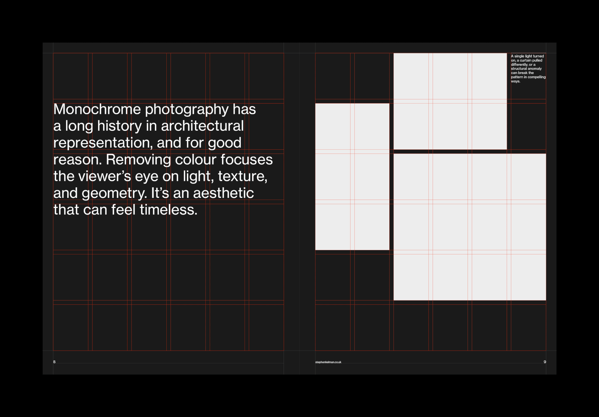 US Letter Photography Grid System for InDesign: dark spread with red modular grid overlay and image placeholders.