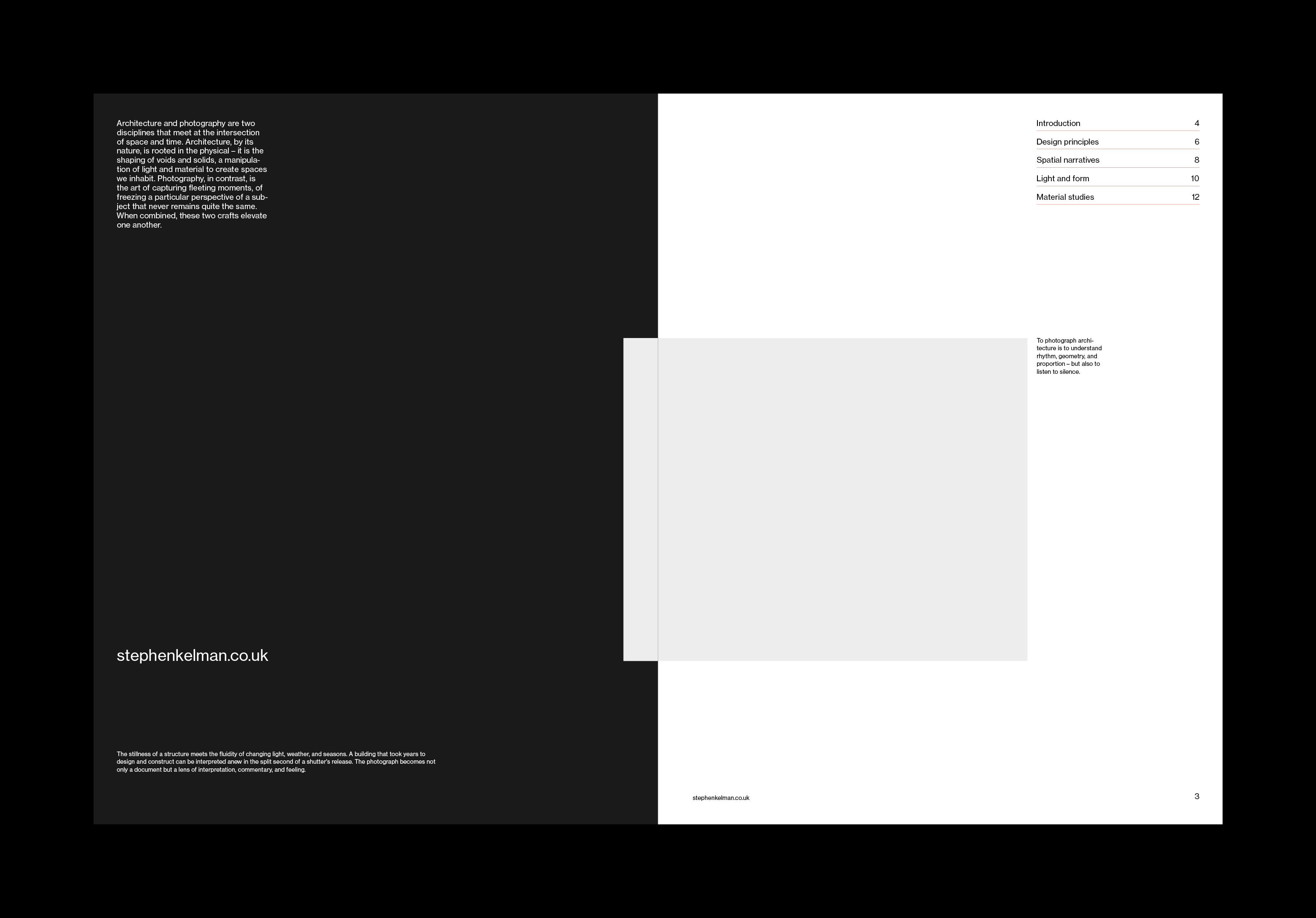 Contents spread pairing a black intro page with a white chapter list from Introduction to Material studies.
