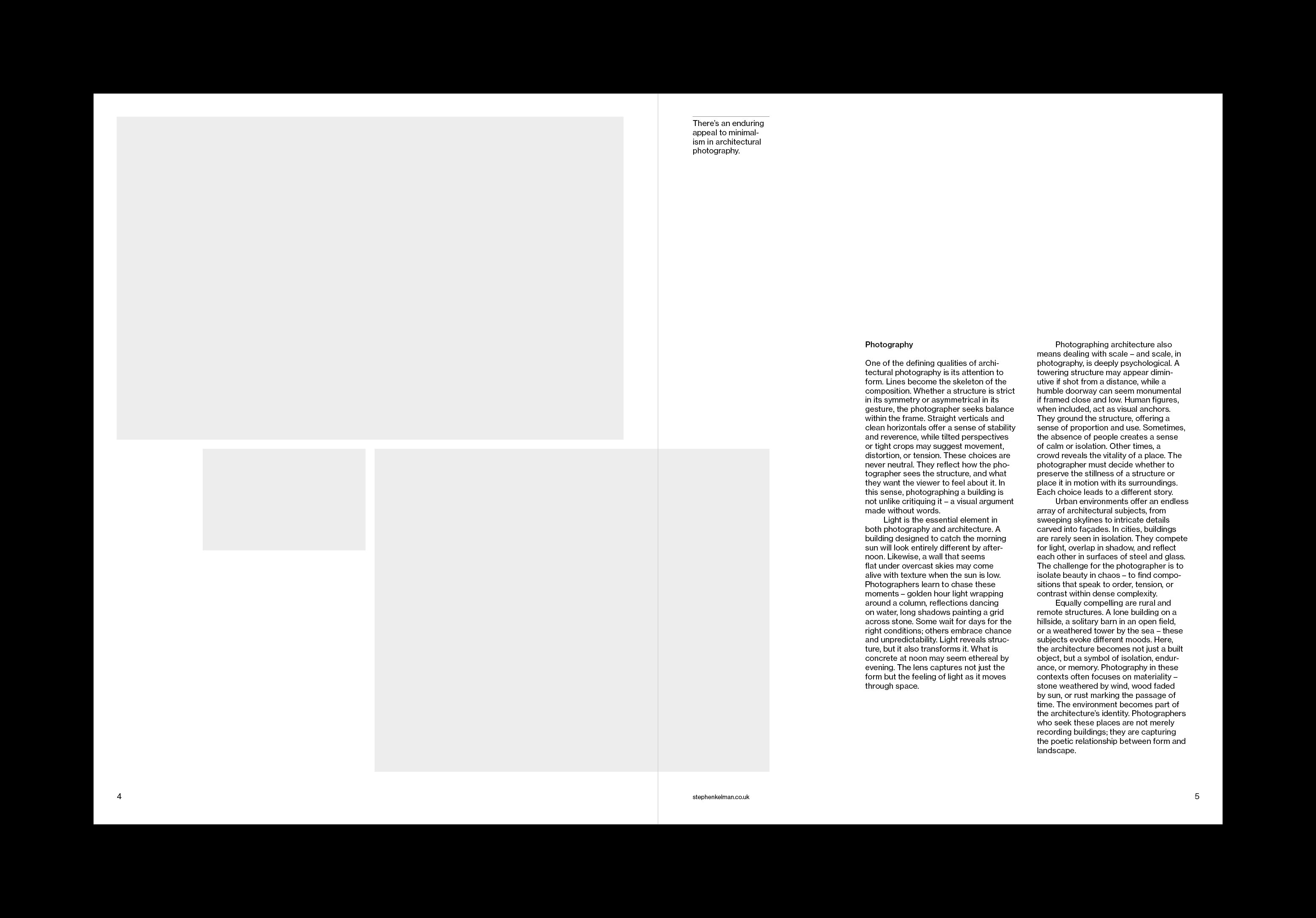 Light sample spread with image placeholders facing two columns of running text on photography.