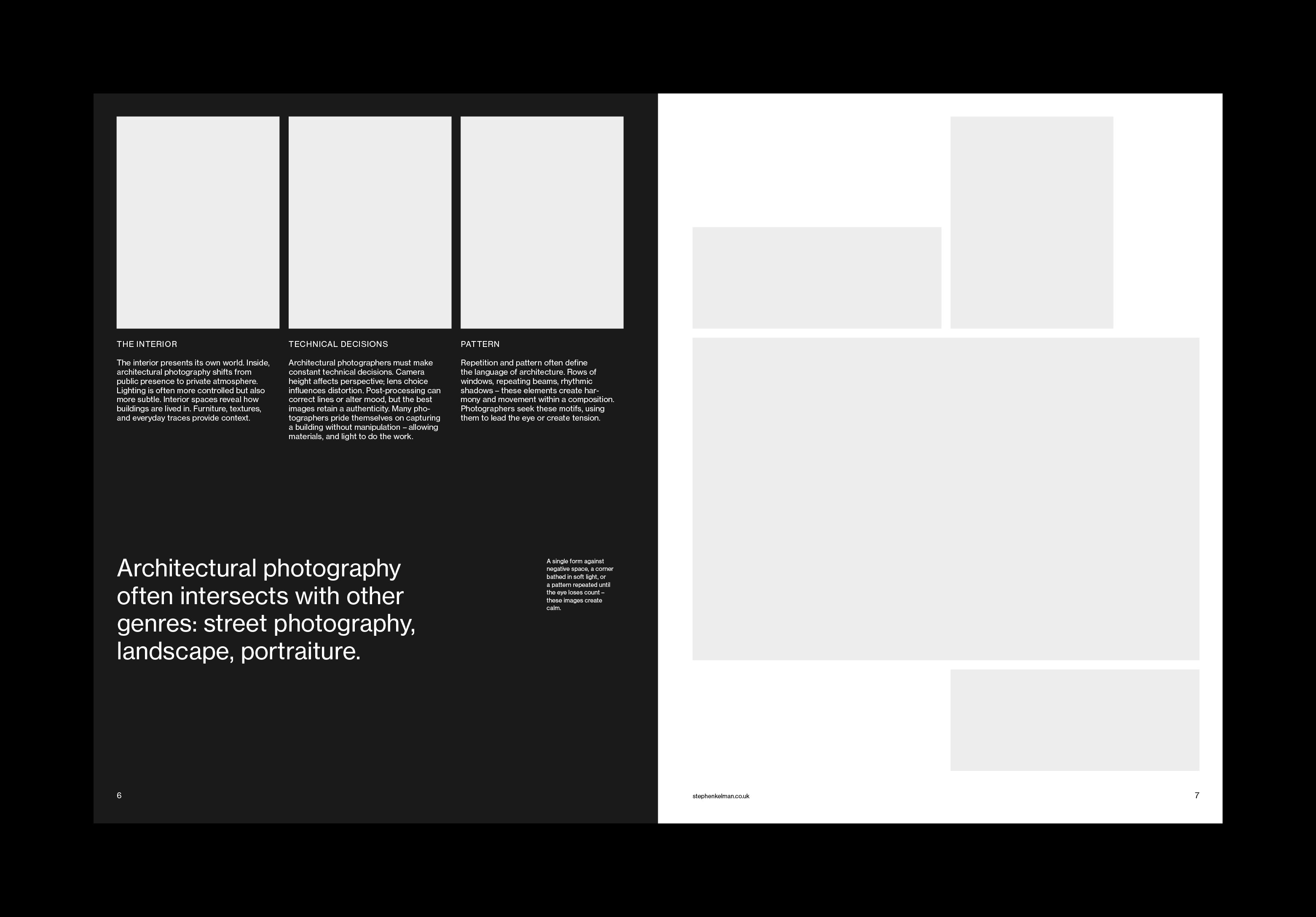 Dark page with three captioned thumbnails and a large statement facing a white mosaic of image frames.