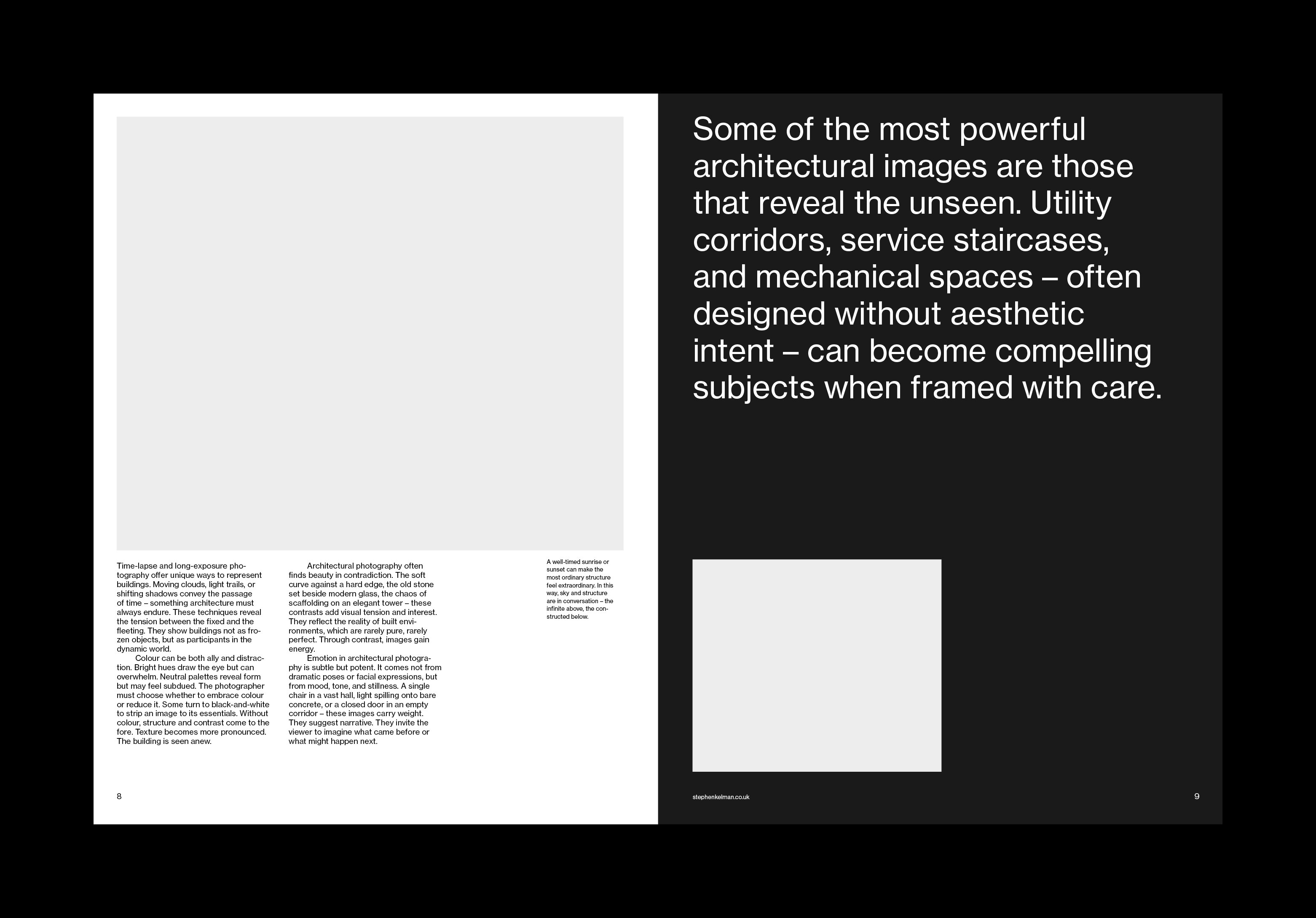Spread with a black pull-quote page on utility spaces opposite body text and a small image placeholder.
