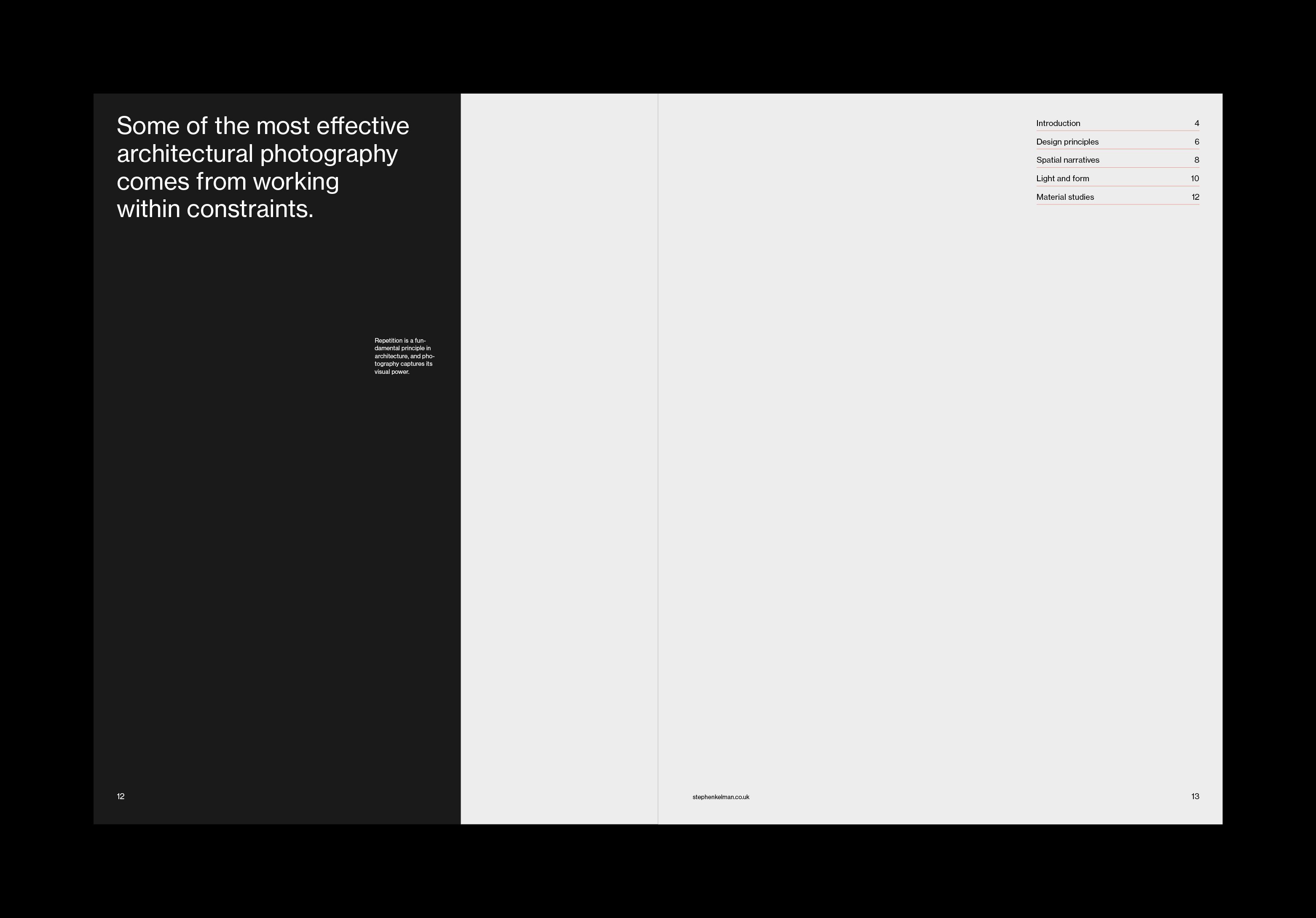 Minimal spread: black panel with a quote on constraints beside near-empty white pages and a contents list.