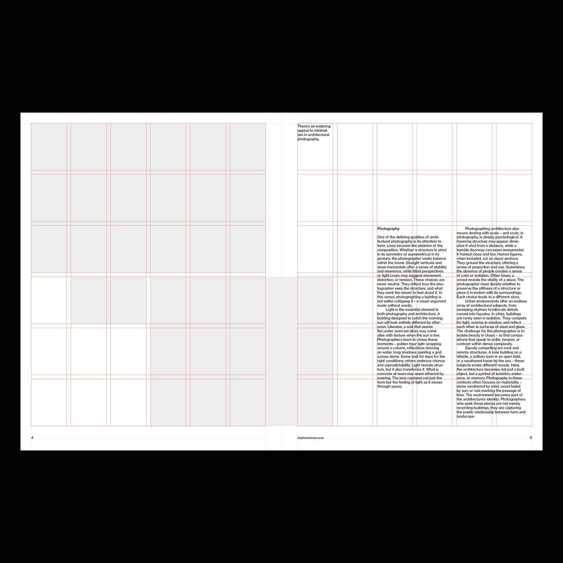 Full spread showing the 36-field modular grid and baseline grid in red over sample text and image fields.