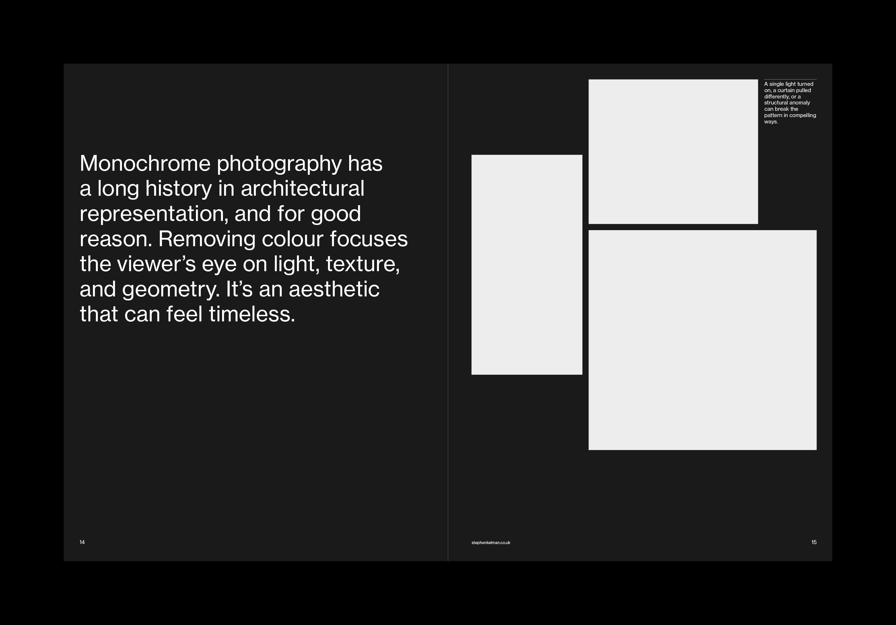 Dark closing spread pairing a monochrome-photography quote with three offset white image panels.