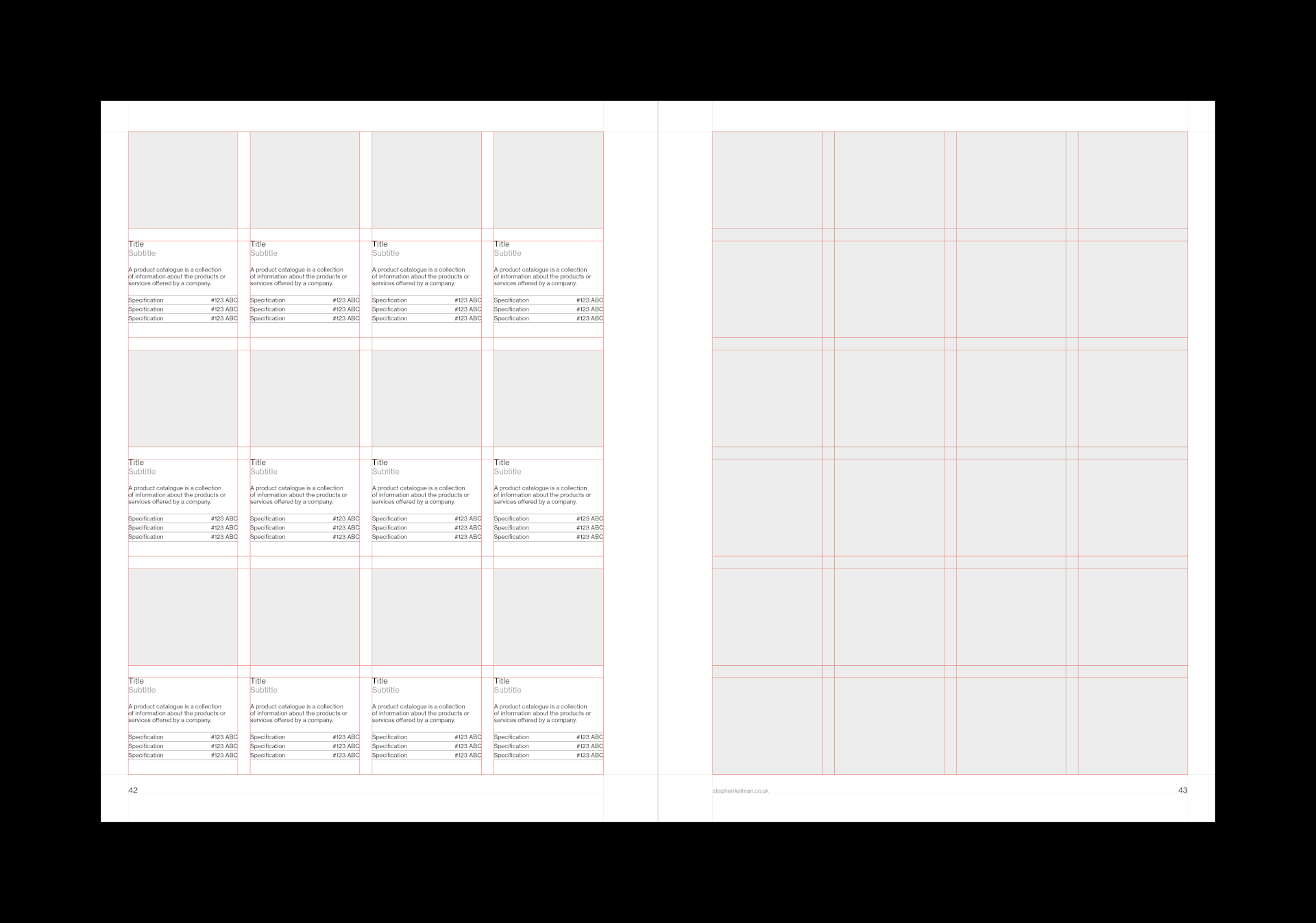 Animation showing visible grid system and Swiss style layouts for a US letter format Adobe InDesign catalogue template