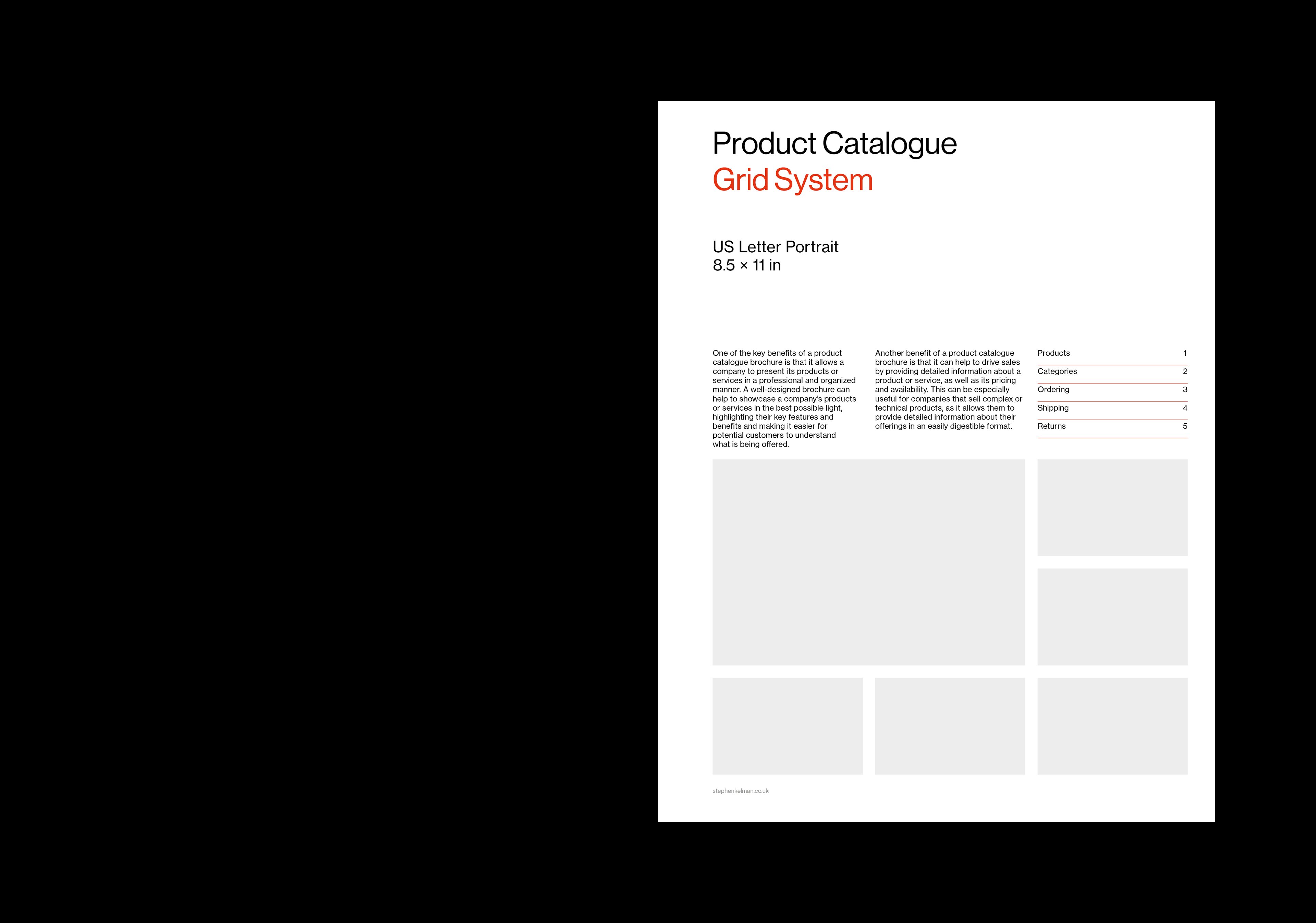 Cover design for a US letter format catalog InDesign template. Cover features asymmetric text and images at different sizes