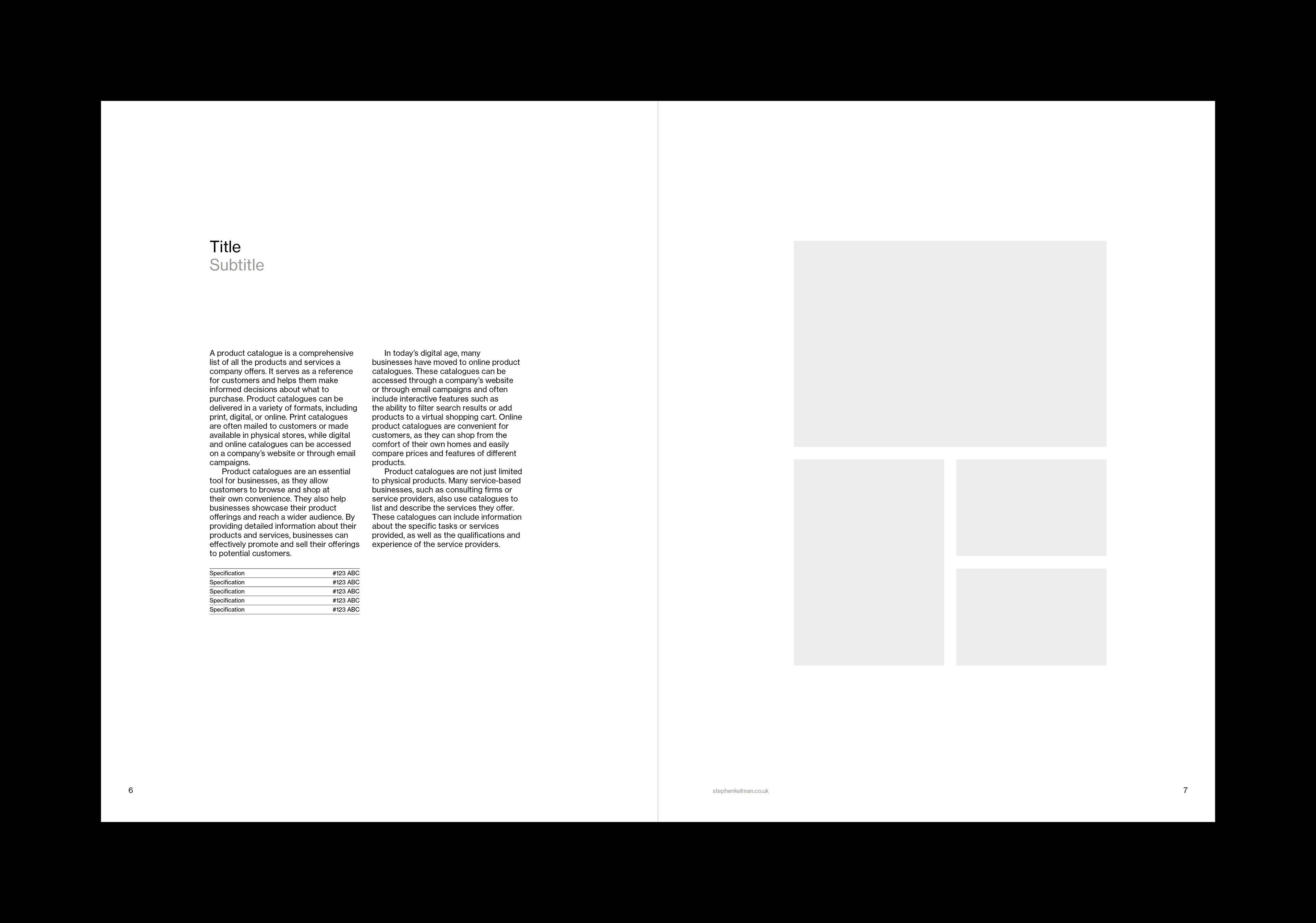 Interior spread of US letter format catalog template for InDesign. Spread features very large margins and text and images at a variety of sizes