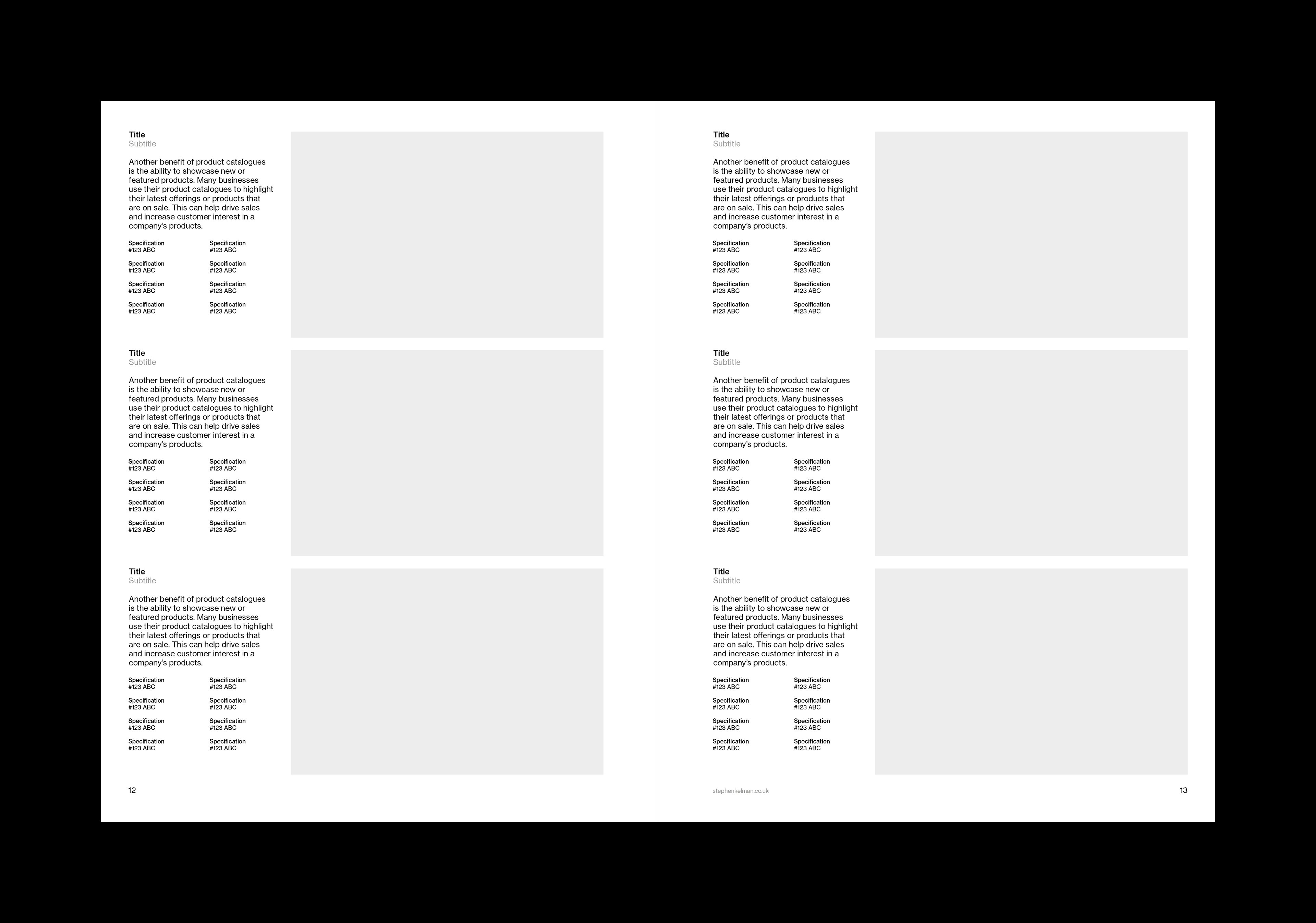 Products spread of a US letter catalog template for Adobe InDesign. Spread features six products with one paragraph of text for each and a large image